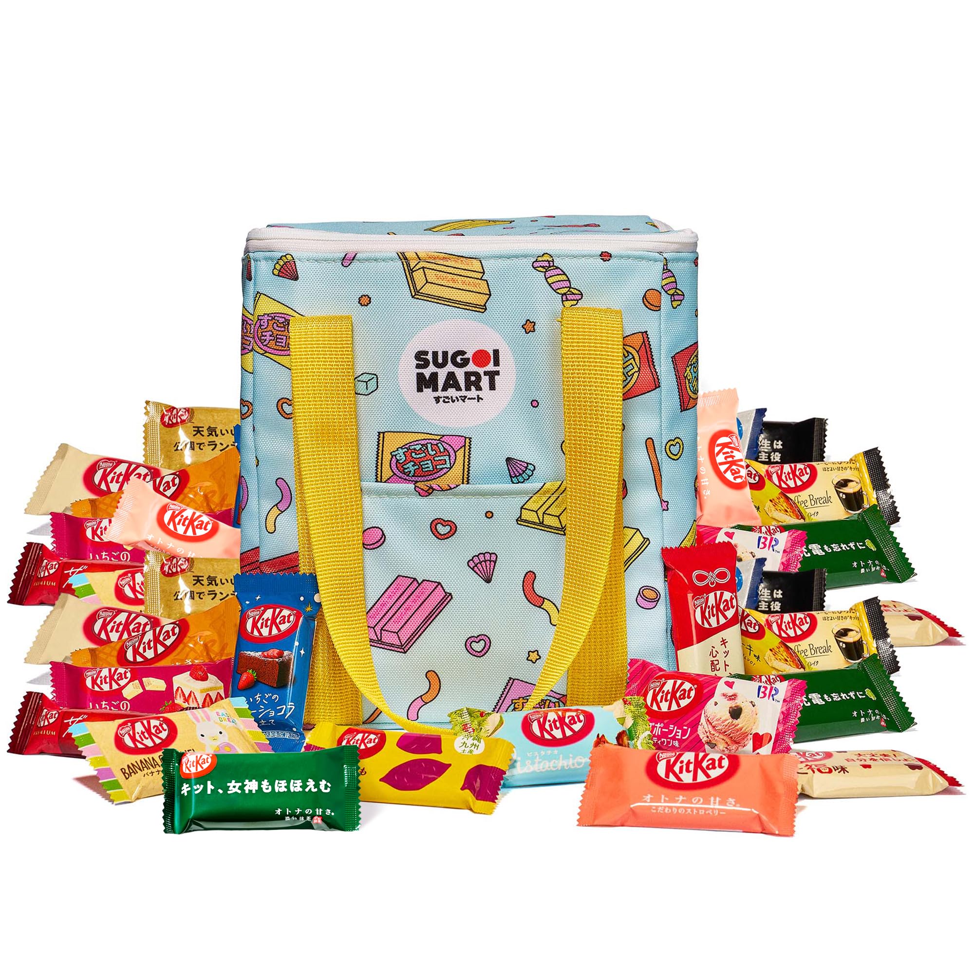 Sugoi MartJapanese Kitkat Variety Pack - 120 Pcs Mini Kitkats Individually Wrapped Japanese Chocolate Wafer Bars, 7-10 Assorted Flavors with Stylish, Reusable Cooler Bag