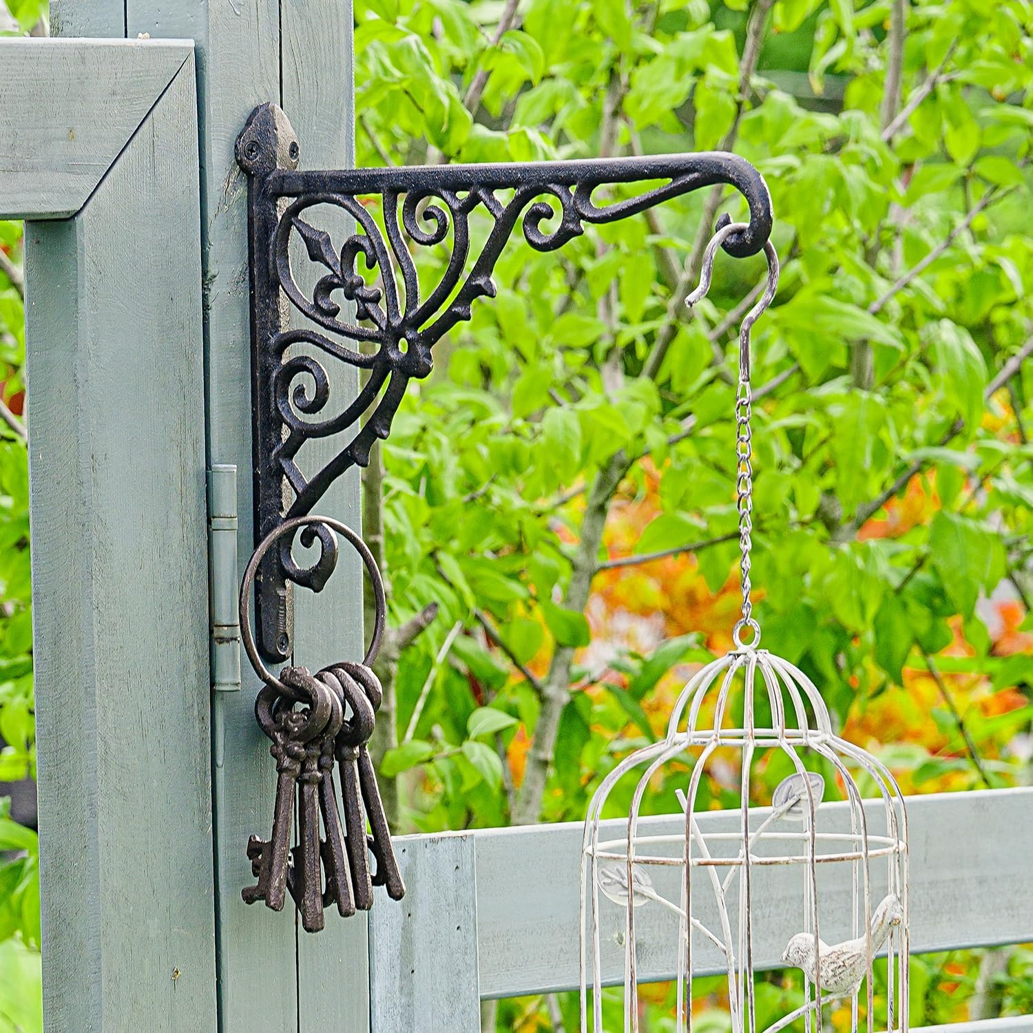 Sungmor Decorative Cast Iron Wall Bracket for Hanging Baskets – 2 Pack Heavy Duty Plant Hanger Hook for Outdoor/Indoor Use – Vintage Black Metal Hanging Bracket for Lanterns, Bird Feeders, Signs