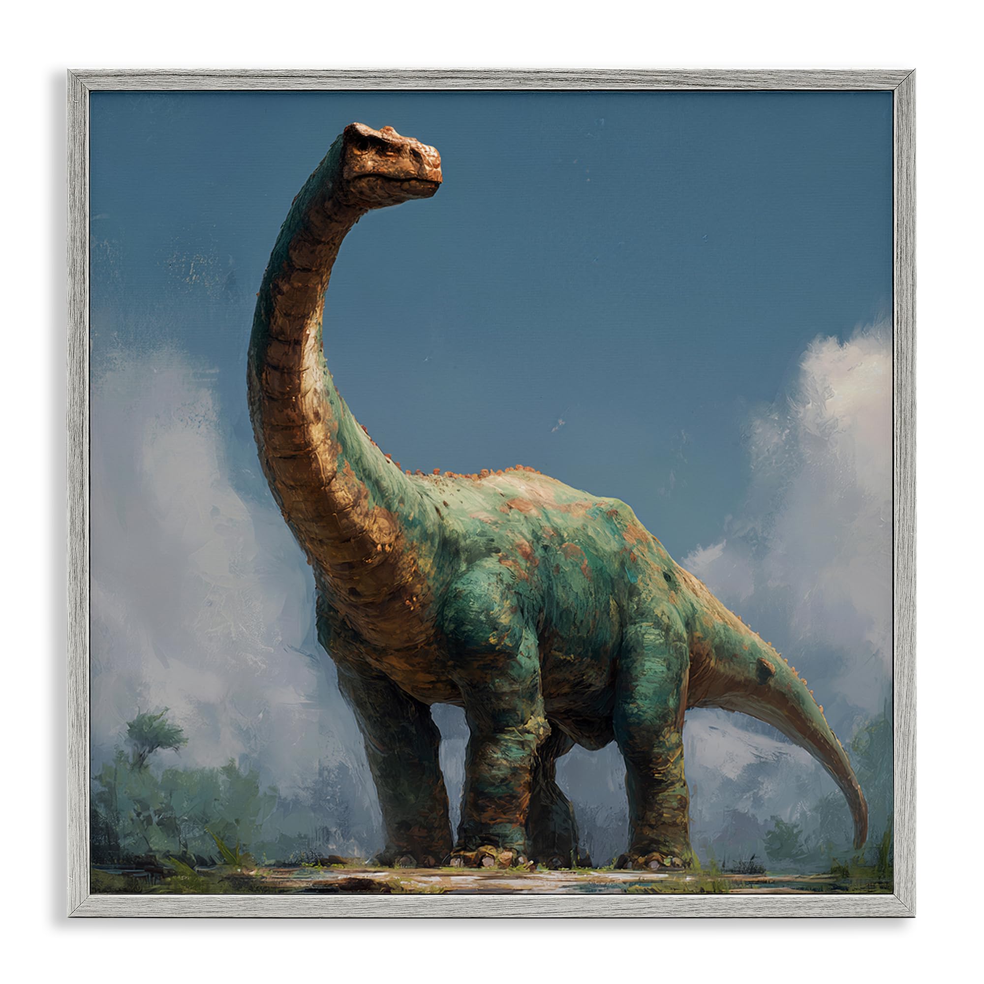 Stupell Industries Farmhouse Gray (Textured) 'Colossal Brontosaurus In Meadow'| Framed Giclee Art