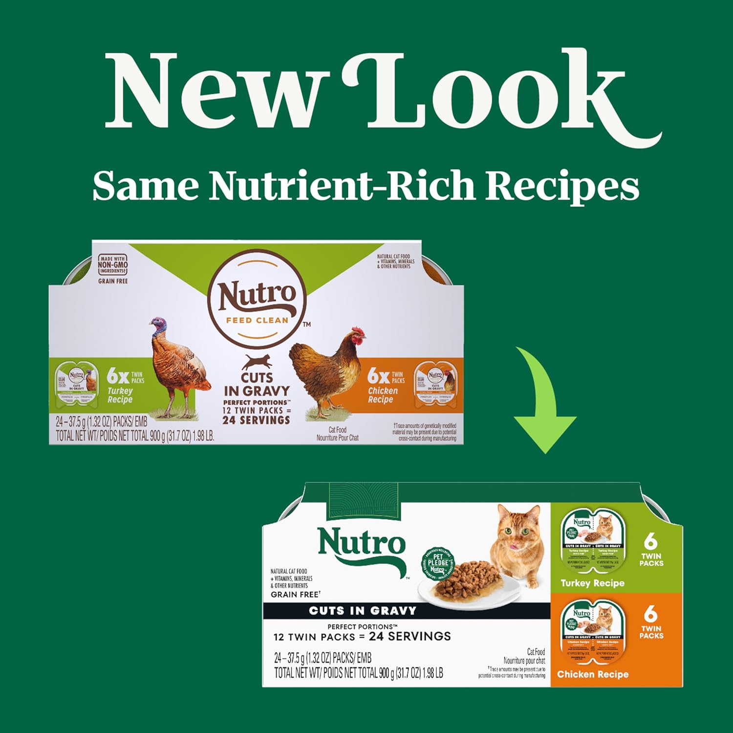 Nutro Perfect Portions Wet Cat Food Gravy Cuts Variety Pack, Cat Food Wet Recipe, Turkey or Chicken Recipe, 2.6 oz. Twin-Pack Trays, 12 Pack
