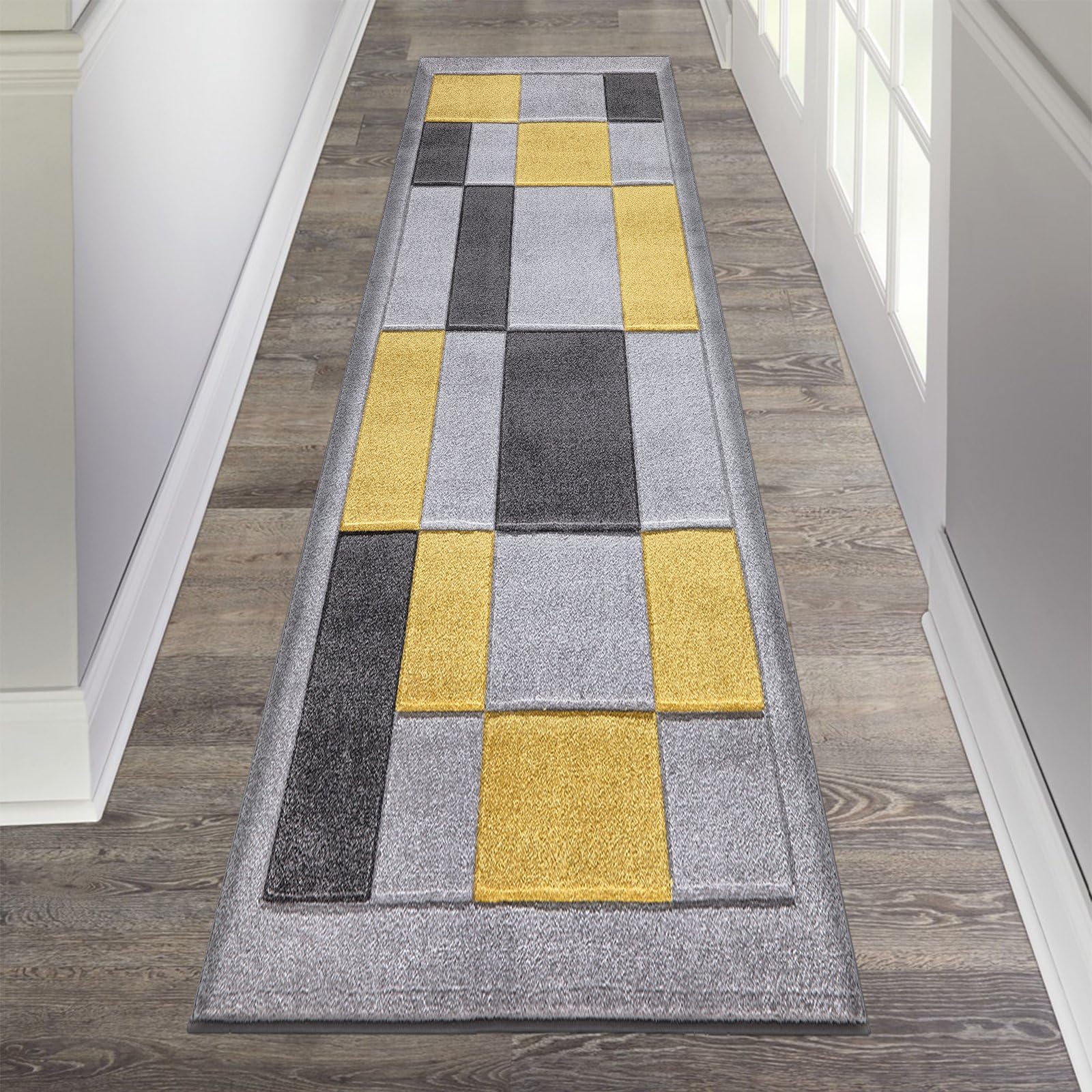 renoazul® Carpet Runner for Hallways, Kitchen, Living Room and Bedroom, 80 x 300 cm, Grey Ochra, Washable Durable Squared Design Carpet Runner — image 1
