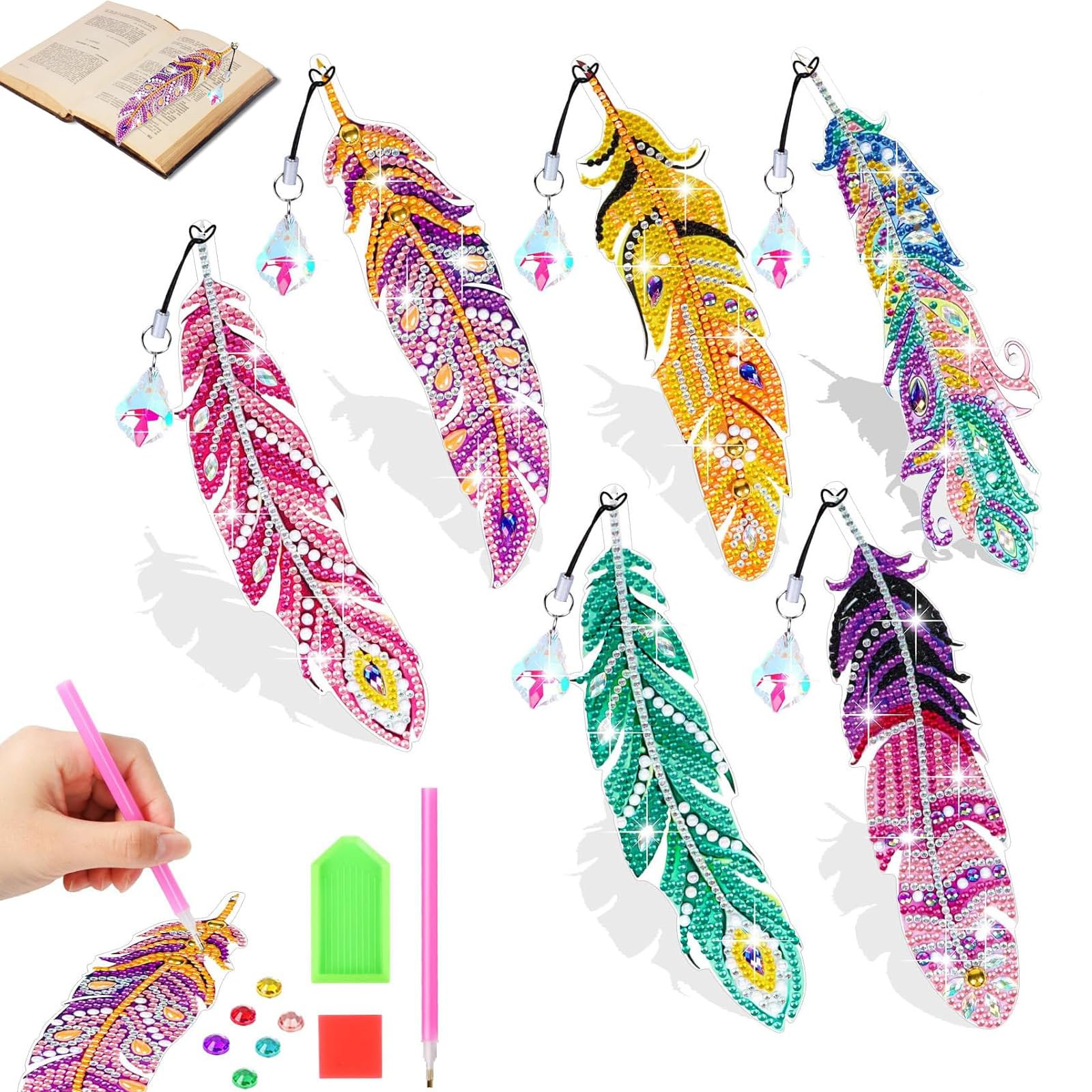 Diamond Arts and Crafts Kits,Gift for Girls Age 7 8 9 10,DIY Diamond Art Kits for Kids with Crystal Pendant,D Diamond Painting Kids Bookmarks Feather Shape(6 PCS)