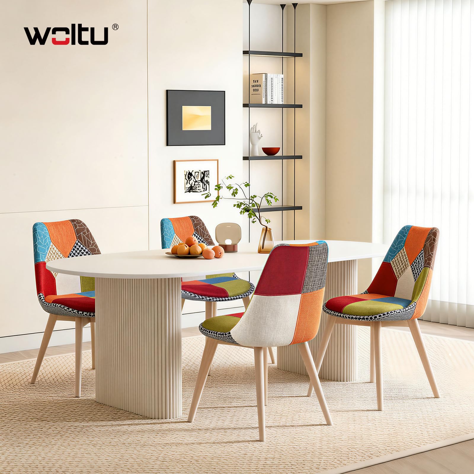 WOLTU Lot de 4 Chaises de Salle à Manger sans Accoudoirs, Chaises de Cuisine Patchwork, avec Pieds en Bois Massif, Style Scandinave, pour Salle à Manger ou Salon, 47x56x81,5 cm, Multicolore