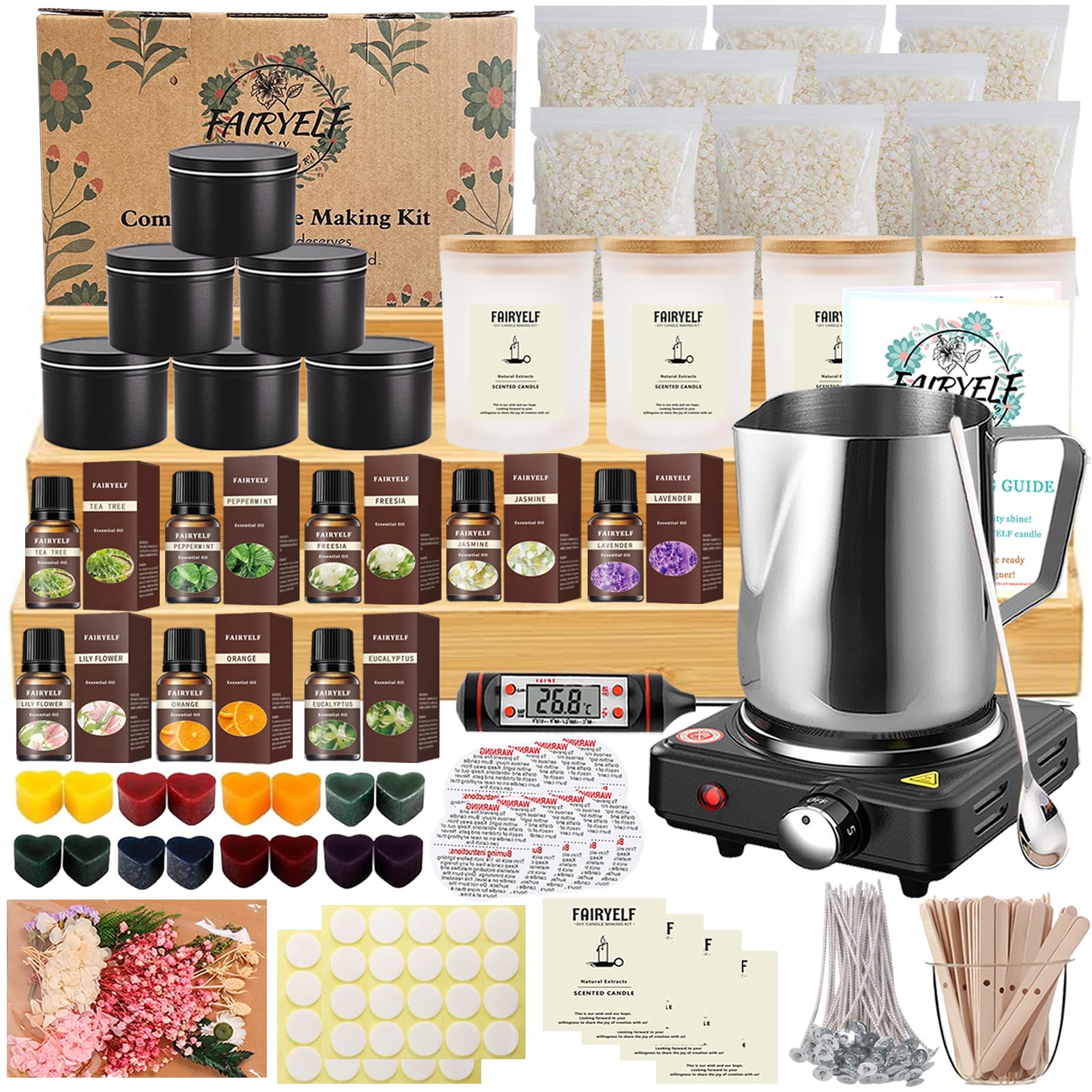 FAIRYELF Kit completo para hacer velas con fundidor de cera, herramientas para hacer velas DIY para adultos, kit de artesanía con velas, suministros para hacer velas con crisol, cera de soja, tintes, etc. Kit para empezar a hacer velas.