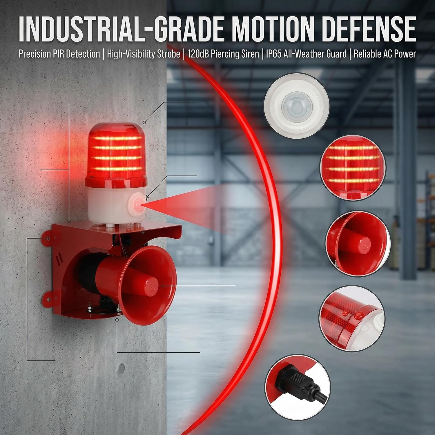 Motion Sensor Alarm with Human Detection, 120dB Loud Siren & LED Strobe for Home Defense, Outdoor Security, Property Protection, AC110V Plug