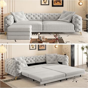 97.7" King Size Sleeper Sofa Bed, 3-in-1 Convertible Pull Out Chesterfield Sleeper Couch with Ottoman, Oversized Velvet Button Tufted L Shaped Sofa for Living Room Small Spaces Grey