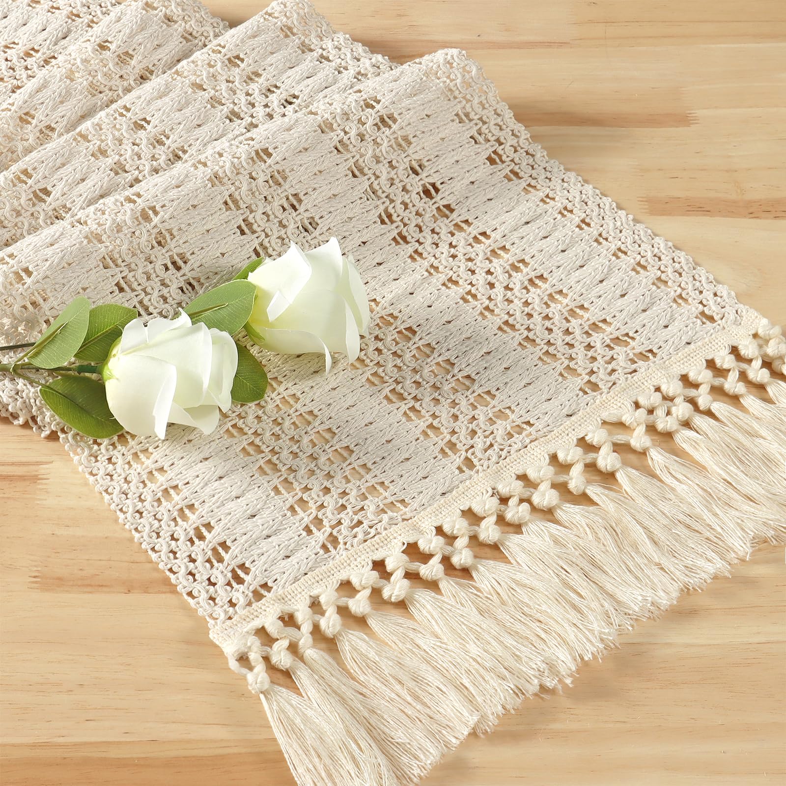 Boho Macrame Table Runner Beige 30x240 cm Farmhouse Tassel Tablecloth Decor