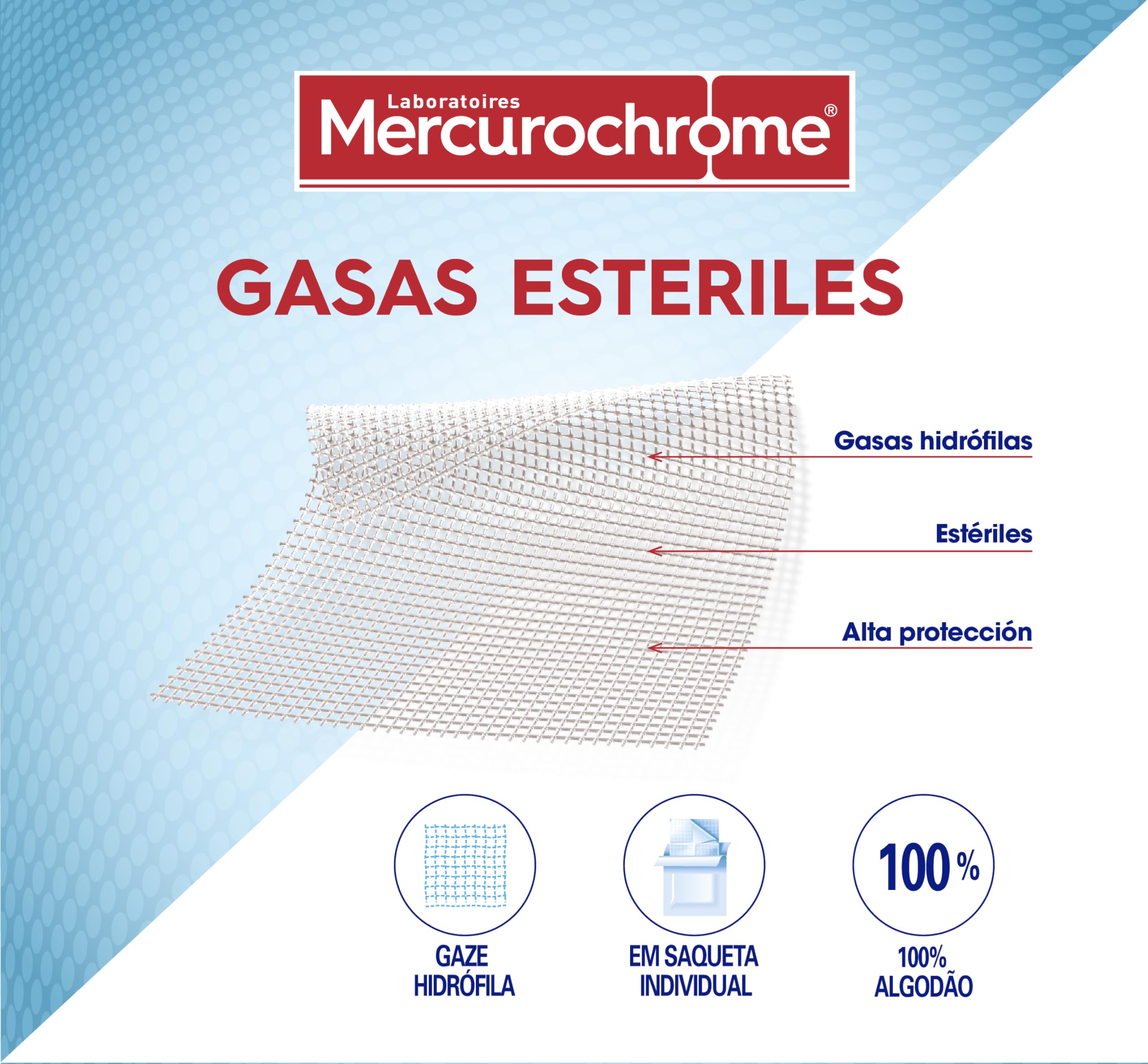MERCUROCHROME - Gasas Esteriles - 60 Gases - 100% Algodón - Sobres Individuales - Higiene y Cuidado de Heridas - Protección y Esterilidad - transpirables - Formato económico - Primeros Auxilios