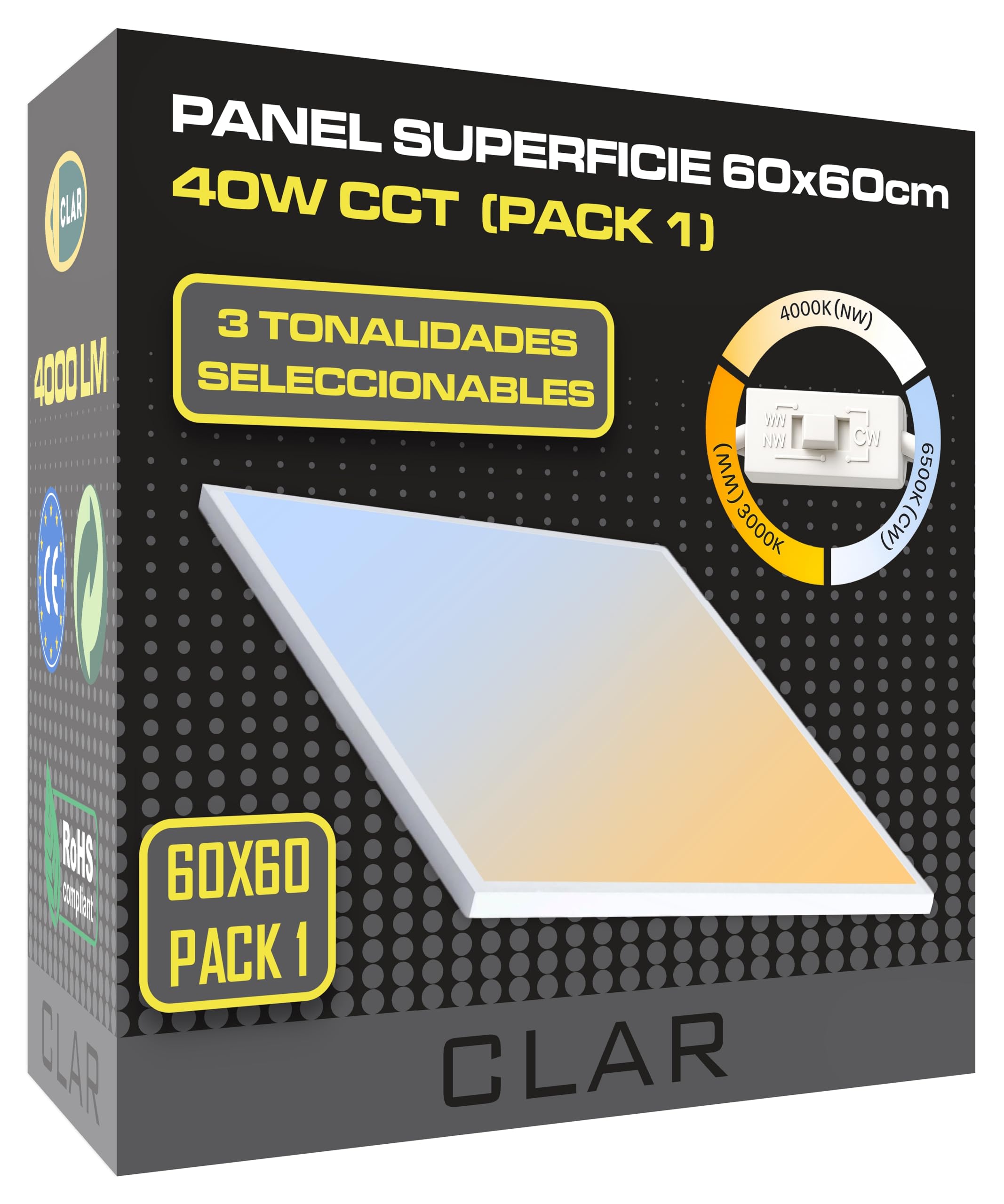 CLAR - Plafon LED Techo, Plafones Para Techo LED, Candeeiro Teto Cozinha, Candeeiro De Teto, Lampara Cocina, Lampara 60x60 CCT (Selector de Color Blanco Calido, Neutro y Frio) (Pack 1)