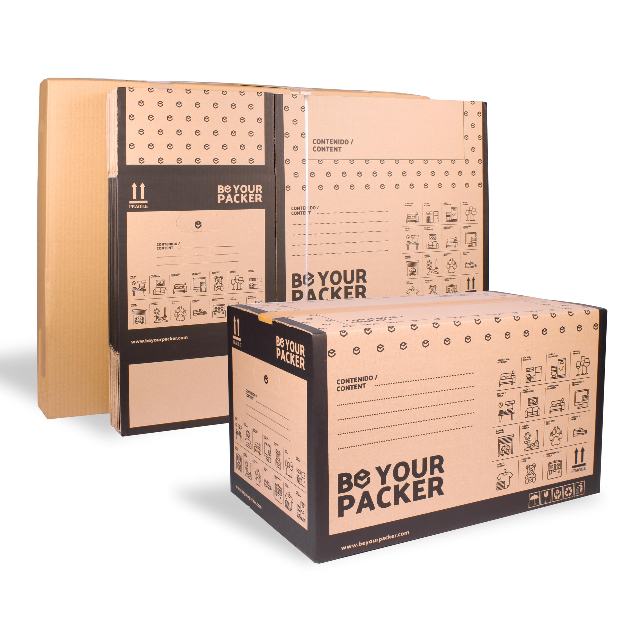 Cajas de Mudanza Pequeñas 43x30x25 cm con Asas, Pack de 50 | Be Your Packer | Cartón resistente fabricado en España. Con asas, ideal para transportar libros, ropa y vajilla. Envío rápido 24h.