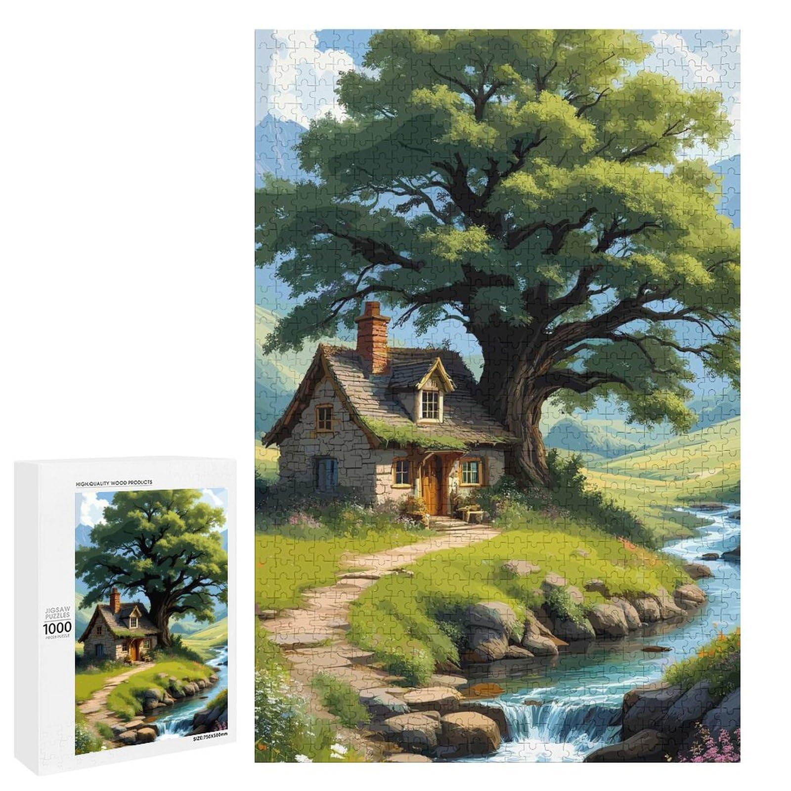 Jigsaws 1000 PCS for Teenagerss Idyllic Cottage by A Stream Jigsaw Puzzle Brain Teaser Game Stress Reliever Challenging To Complete 1000 PCS