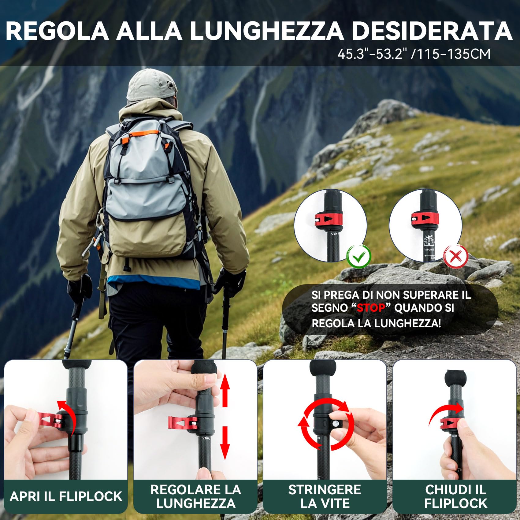 UnderwoodAggregator Bastoncini da Trekking in Fibra di Carbonio - 2 Bastoncini Regolabili e Leggeri per Uomo e Donna, Bastoni da Camminata Pieghevoli con Blocco Rapido, Compatti per Escursionismo