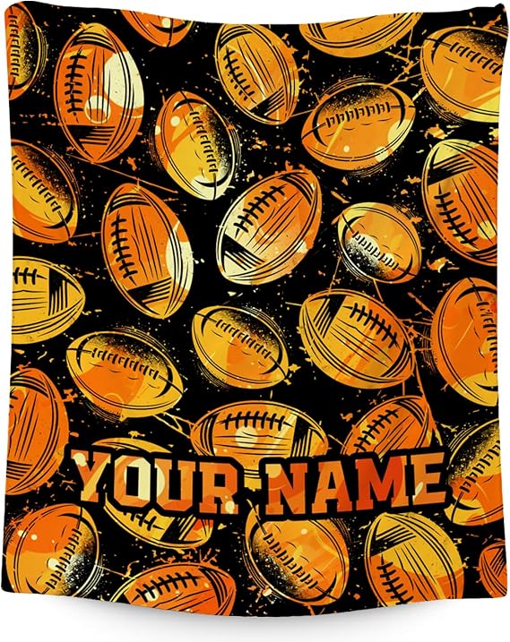 Custom Football Blanket for Boys, Cozy Soft Throw Blankets, Cool Orange Flannel Throw Gifts for Couch Sofa, 40x50 Inches