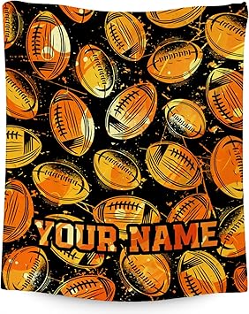 Custom Football Blanket for Boys, Cozy Soft Throw Blankets, Cool Orange Flannel Throw Gifts for Couch Sofa, 40x50 Inches