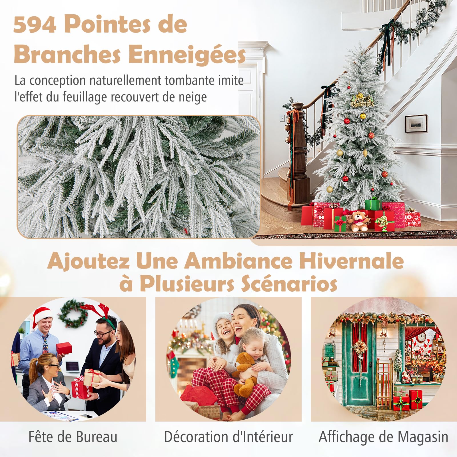 COSTWAY Sapin de Noël Artificiel 180cm avec 594 Branches & 250 Lumières LED Blanc Chaud, Arbre de Noël avec Base en Fer, Décoration pour Maison Bureau Magasins