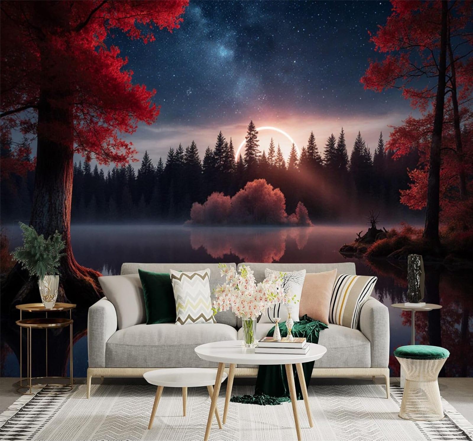 XLMING Twilight Forest Lake Reflection Mangroves Starry Sky 3D Wallpaper Premium Textured Silk Study Dining Living Room Bedroom Sofa TV Wall Easy Install-300cm×210cm