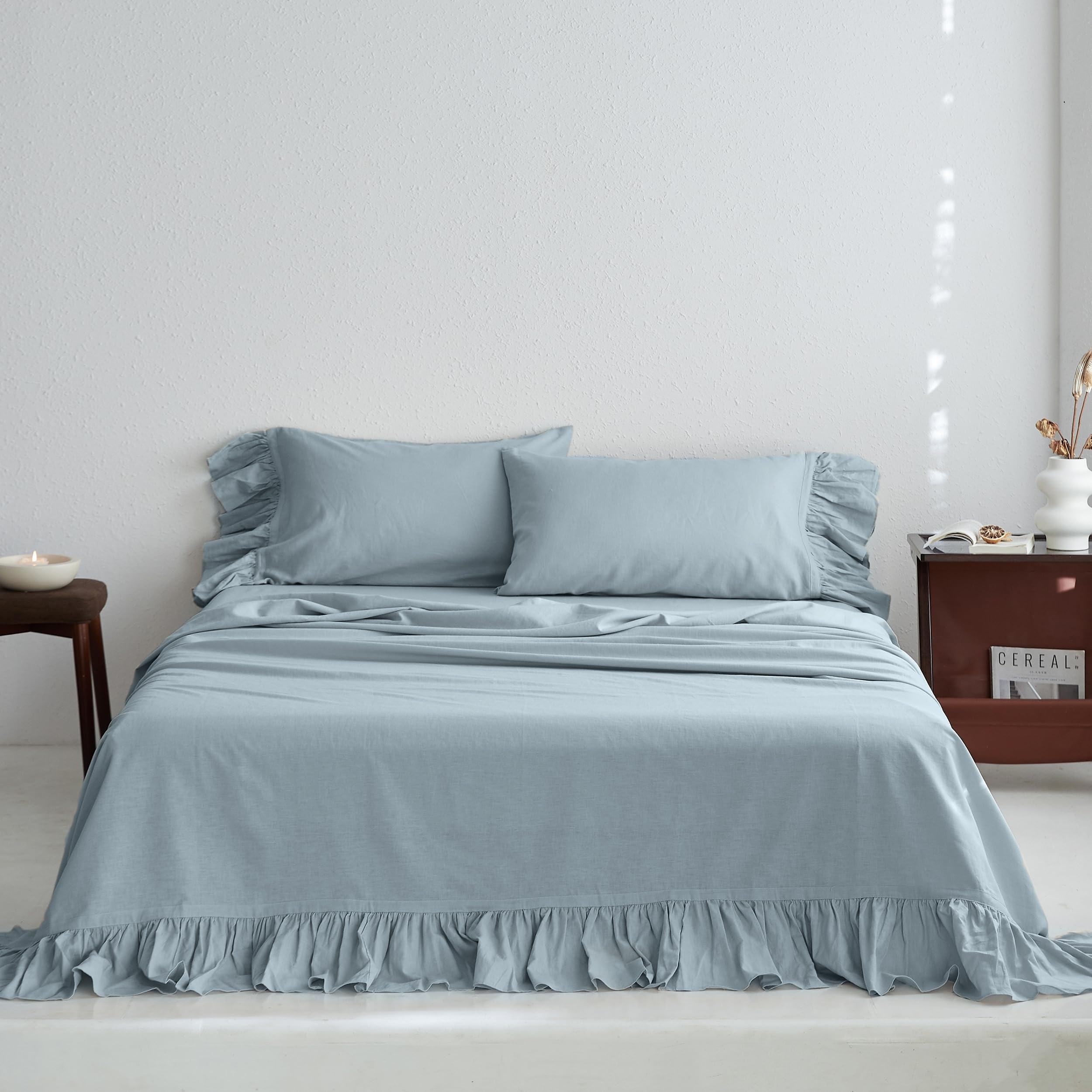 Belgian Linen Sheet Set with Long Ruffles 4pcs (1 Flat Sheet, 1 Fitted Sheet & 2 Pillowcases) Solid Shabby Vintage Chic Country Style Frilled Farmhouse Bed Sheet (Long-Dusty Blue, King)