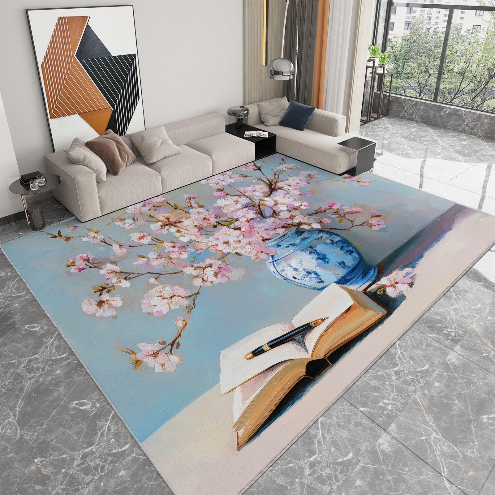 Tapis Salon Vase Fleurs de Cerisier 180x240cm Moderne Poil Ras
