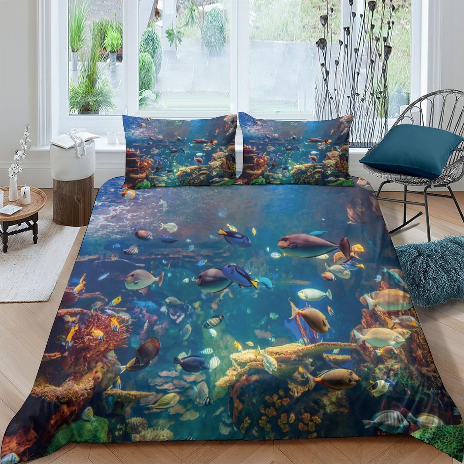 Ctjqhvkz Style-10 3D Printed Underwater Coral Reef Fitted Sheet Microfiber Soft Breathable Ocean Fish Bed Cover For Bedroom Guest Room Mattress Protection Single（135X200cm）