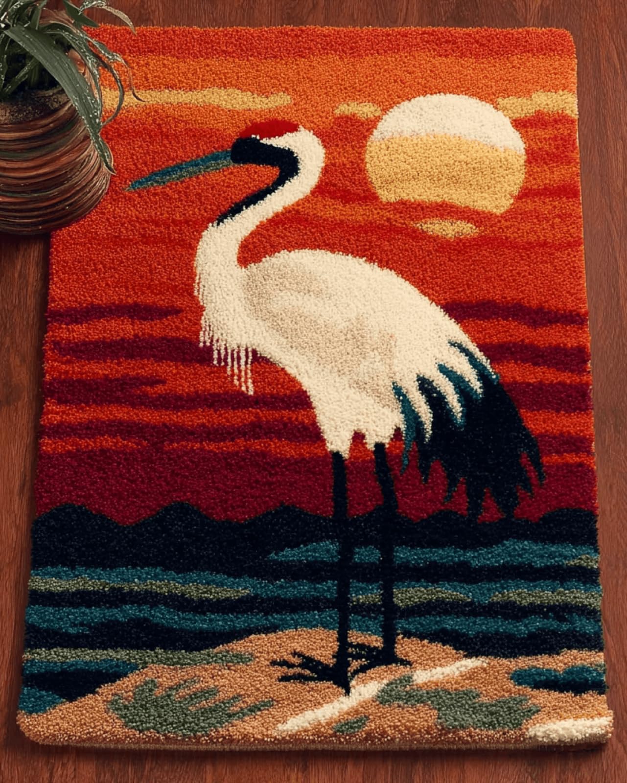 Wallphantom 004 Rug Making Kit For Adults Beginners,Red-Crowned Crane (Animal Bird),Latch Hook Cushion Kits,Carpet Embroidery Needlework Crocheting,Tapestry For Home Decoration,80X115cm