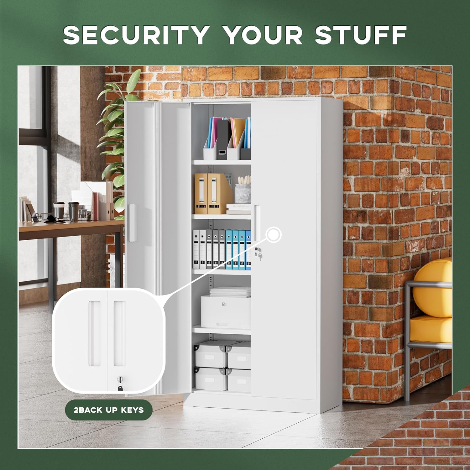 Image illustrating the adjustable shelf feature of the Greenvelly metal storage cabinet, showing how shelves can be moved to different heights.