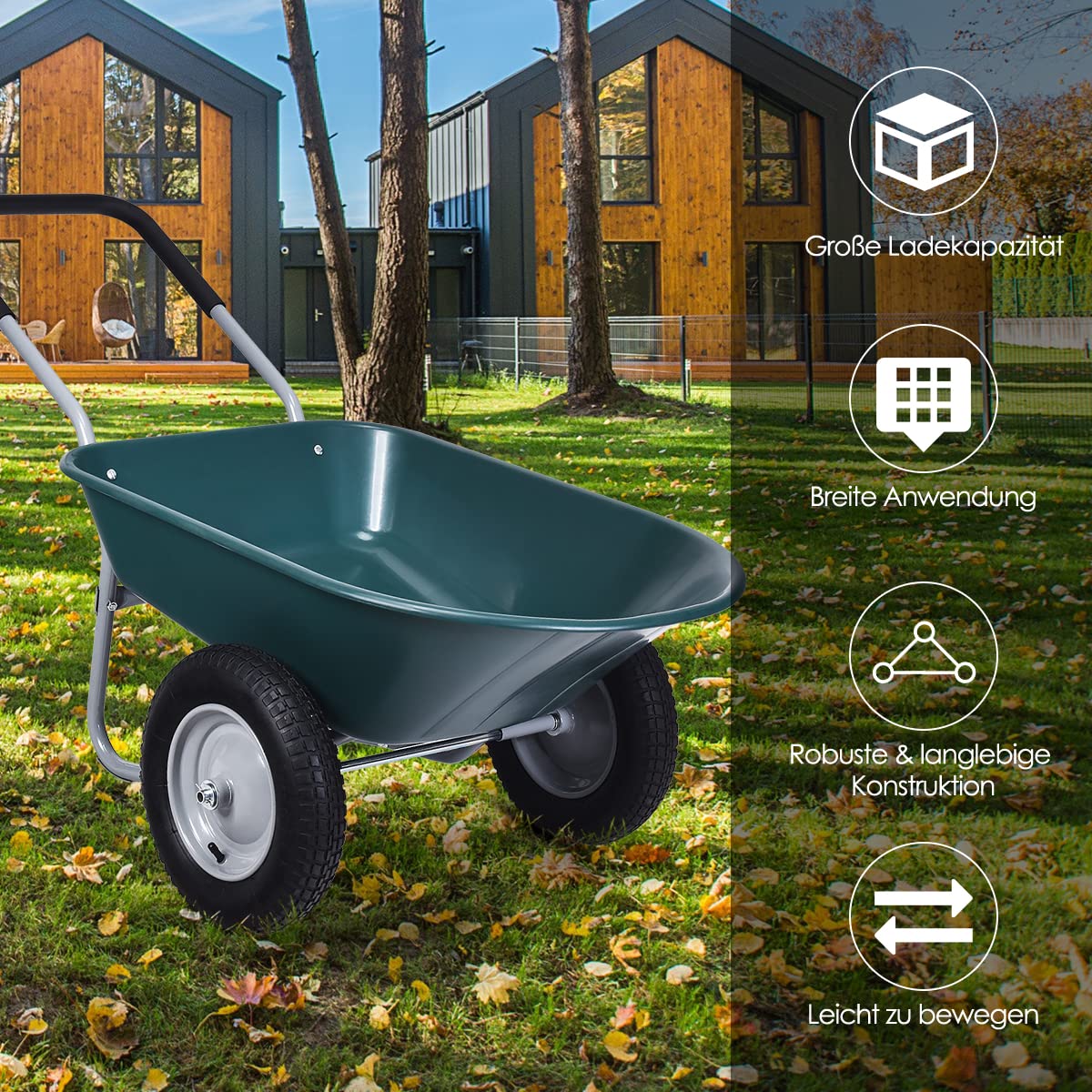 GOPLUS Schiebkarre, Schubkarre mit 2 Luftreifen mit Metall Felge & PP Wanne & Softgrip-Griffe, Bauschubkarre mit Tragkraft, für pferdemist & Erde & Werkzeug, für Garten & Stall (Grün)