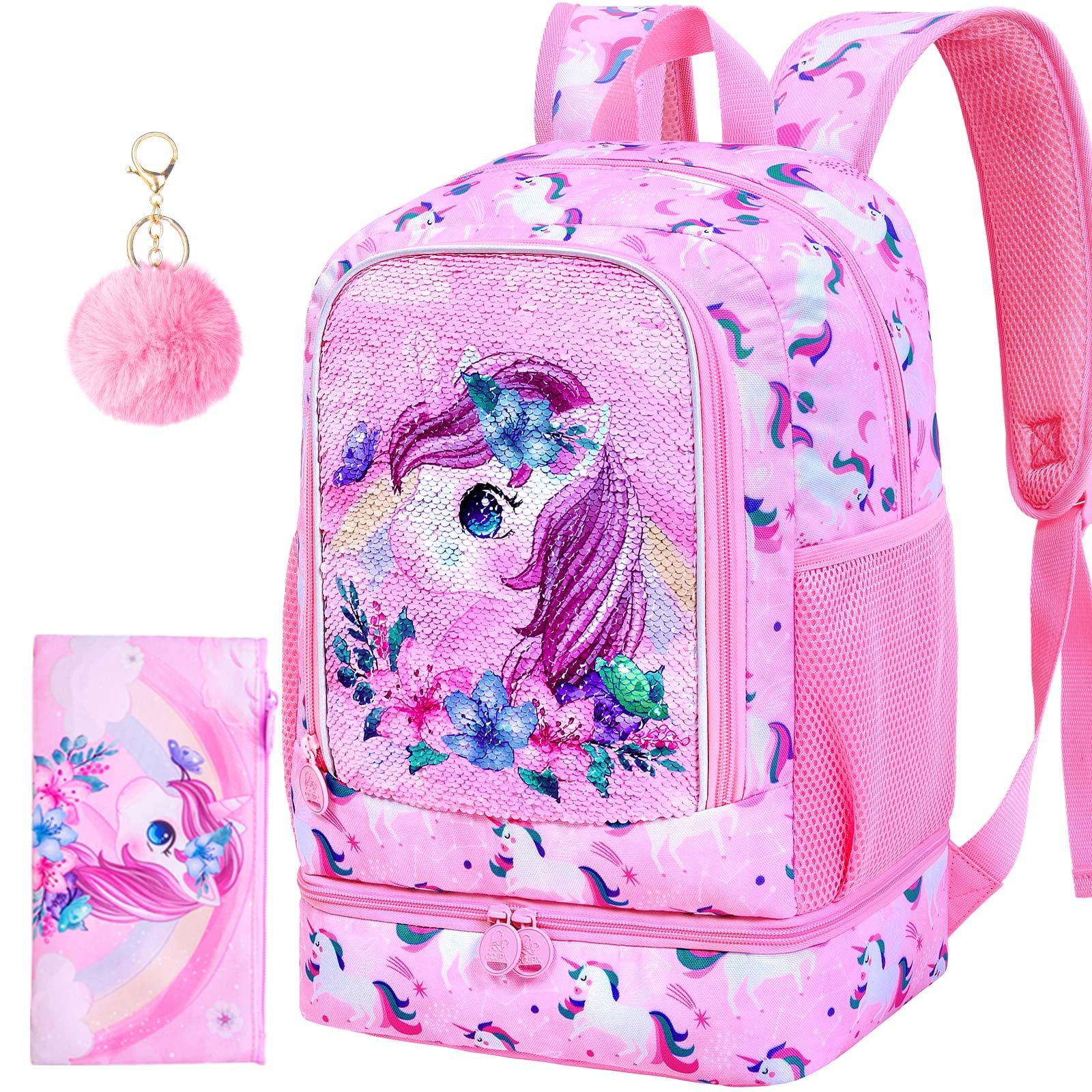 KLFVB 3PCS Cat Uni Dinosaur Backpack for Girls and Boys, 16" Kids Bookbag and Lunch Box, Preschool Backpacks for Elementary