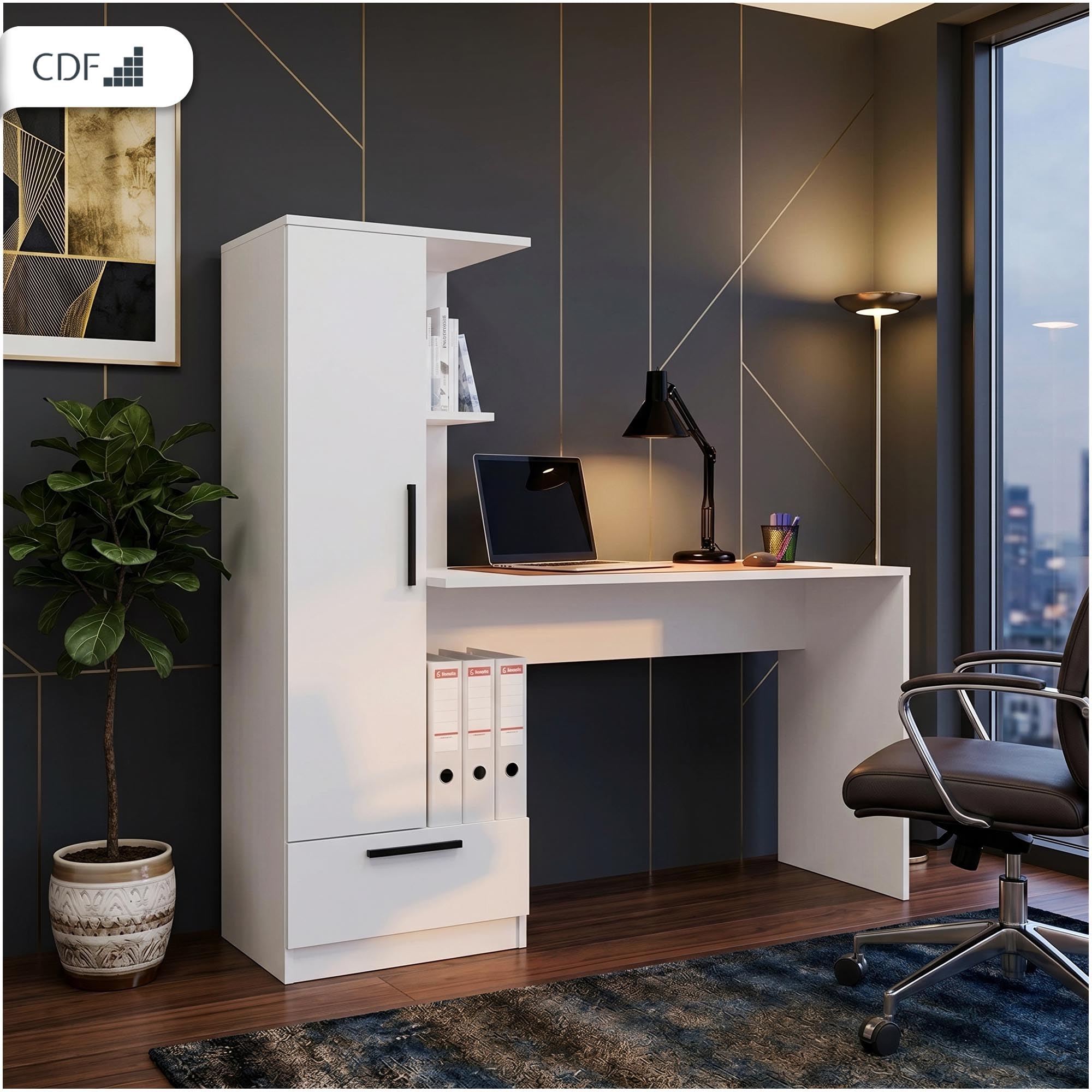 CDF Schreibtisch mit Regal Schublade 140cm 3 Einlegeböden Computertisch | Home Office Bürotisch Ergonomisch Arbeitstisch Jugendzimmer Schlafzimmer Kinderzimmer Rollschienen Weiß Spanplatte