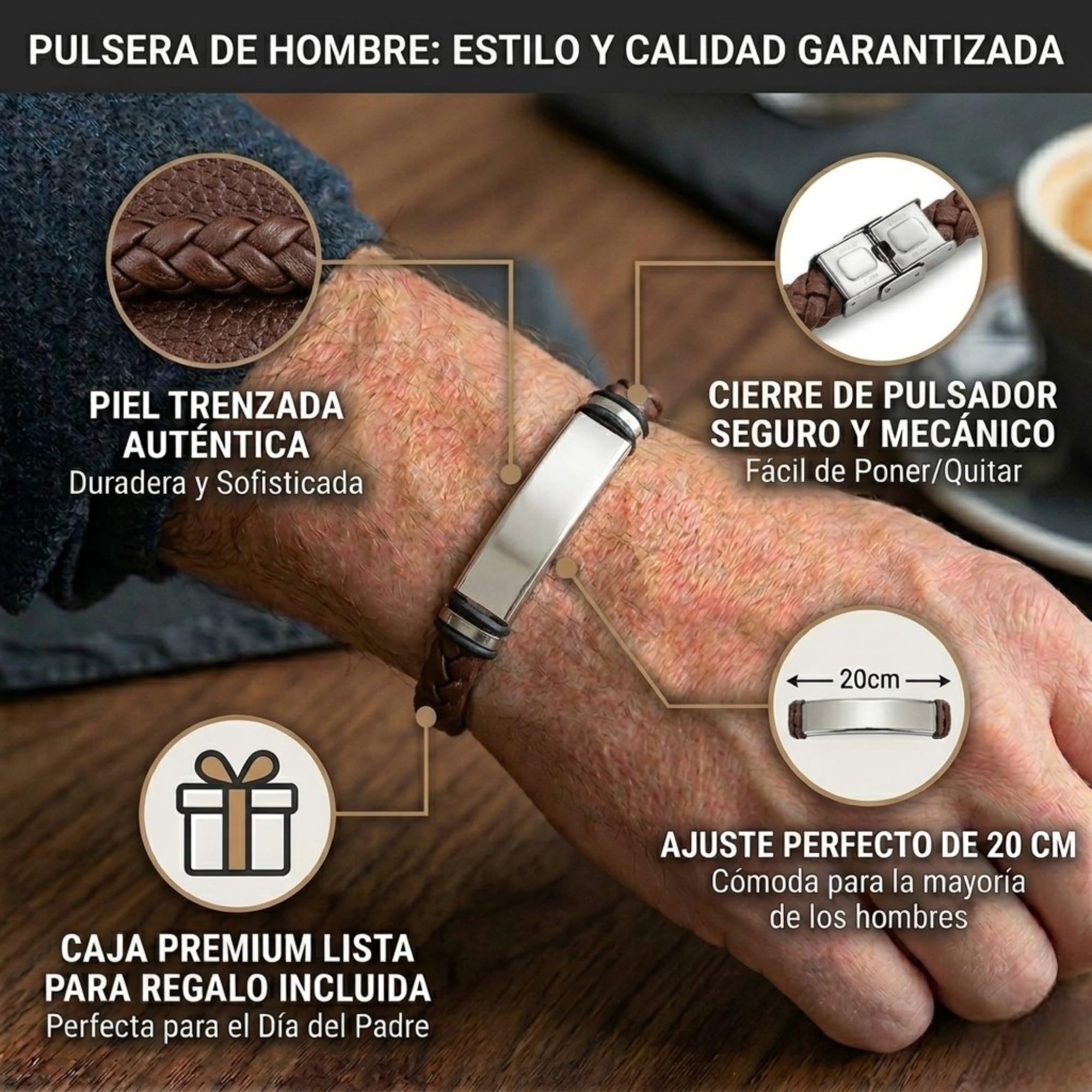 Pulsera Piel Trenzada Personalizable Hombre-Grabado Personalizado Nombre Fecha-Ajustable Cierre Seguro Acero Inoxidable-Diseño Elegante Regalo Original Pareja Amistad Cumpleaños Navidad