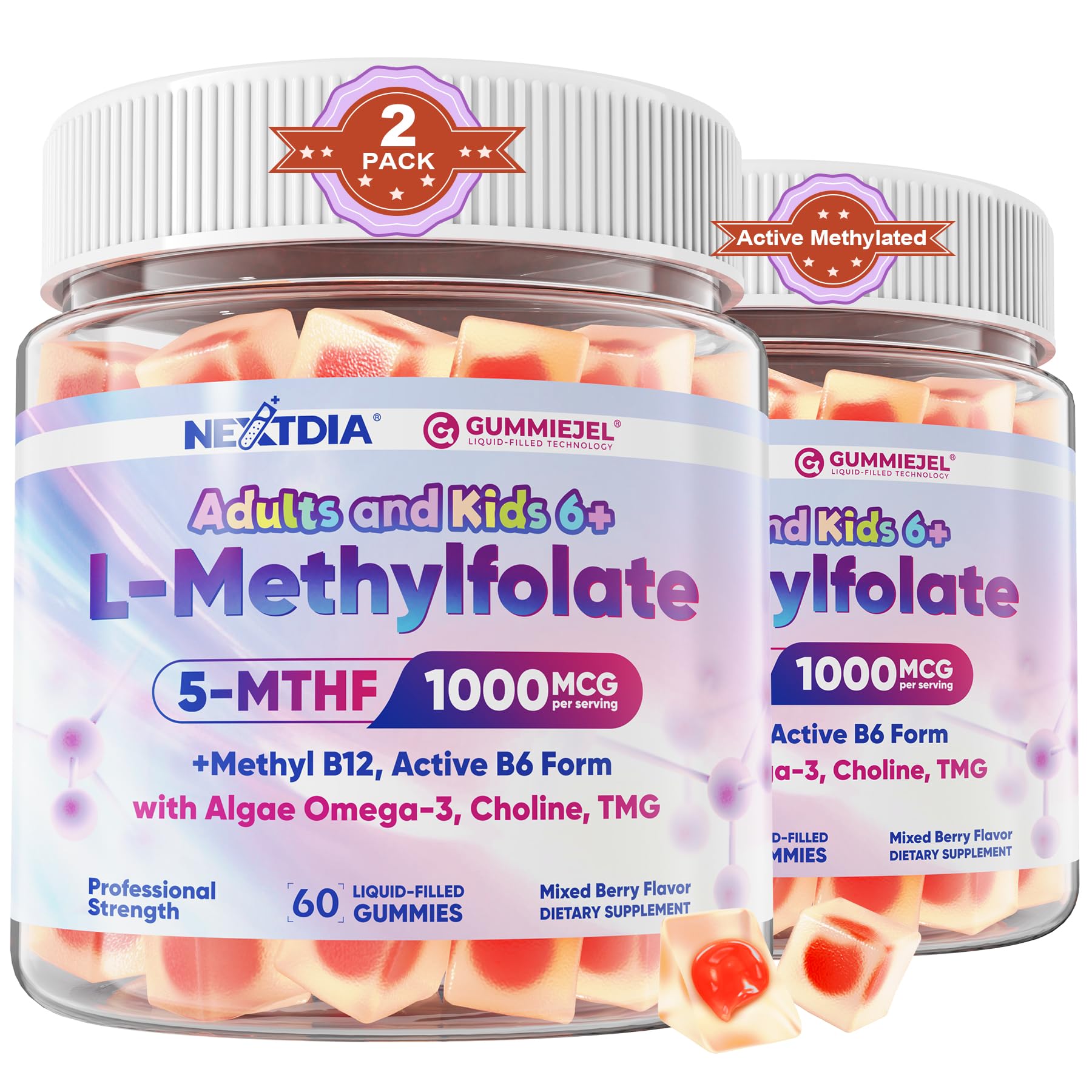 L-Methylfolate 1000mcg Methyl B12 Gummies, Omega-3 for Kids & Adults, 120Ct 60 Count (Pack of 2)