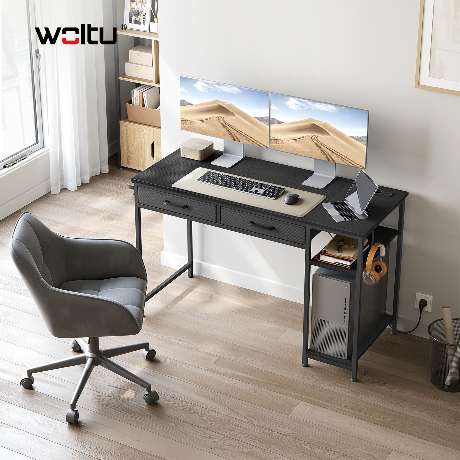 WOLTU Schreibtisch mit 2 Schubladen, Computertisch Schwarz, 120x51x75 cm | 2 Steckdosen, USB- und Typ-C-Anschluss, Kopfhörerhaken & Ablagen, für Homeoffice Schlafzimmer Wohnzimmer