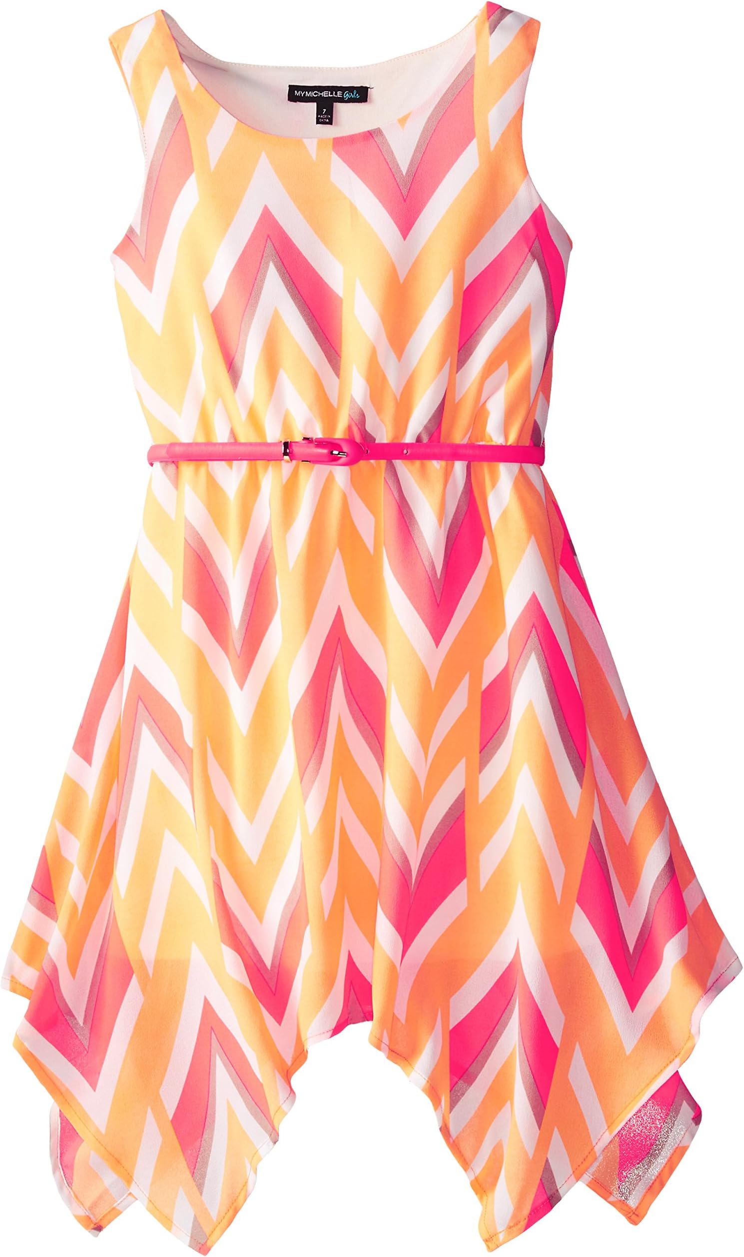 My Michelle Big Girls' Chevron Stripe Dress with Sharkbite Hem and Belt
