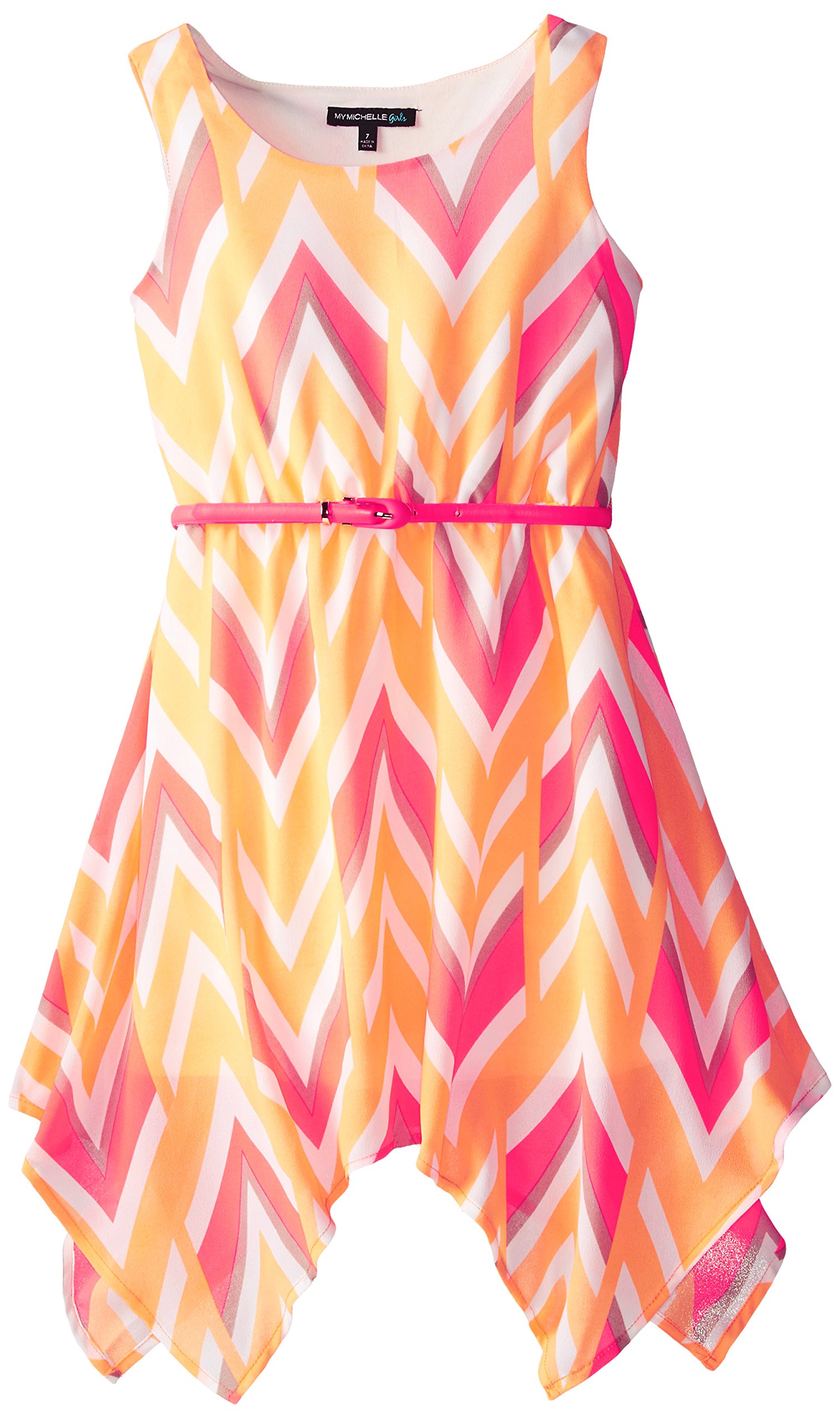 My Michelle Big Girls' Chevron Stripe Dress with Sharkbite Hem and Belt