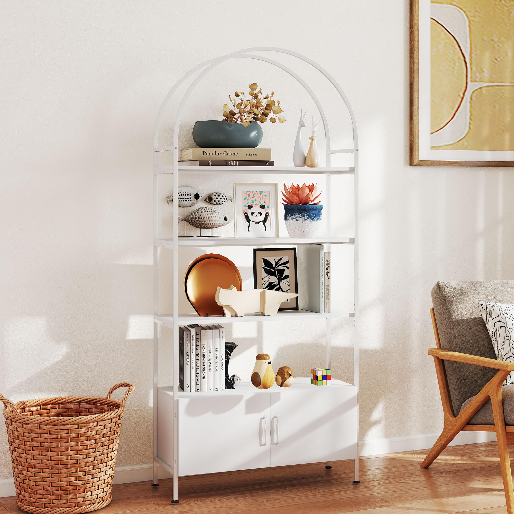 HOMCOM Aufbewahrungsregal, geschwungene Bibliothek auf 4 Ebenen mit zweitürigem Schrank, verstellbare Kufen, Stahlstruktur, für Büro, Wohnzimmer, Schlafzimmer, 80 x 30 x 187 cm, weiß | 4 Ebenen, Schrank mit Doppeltür, verstellbare Kufen, Struktur aus Stah
