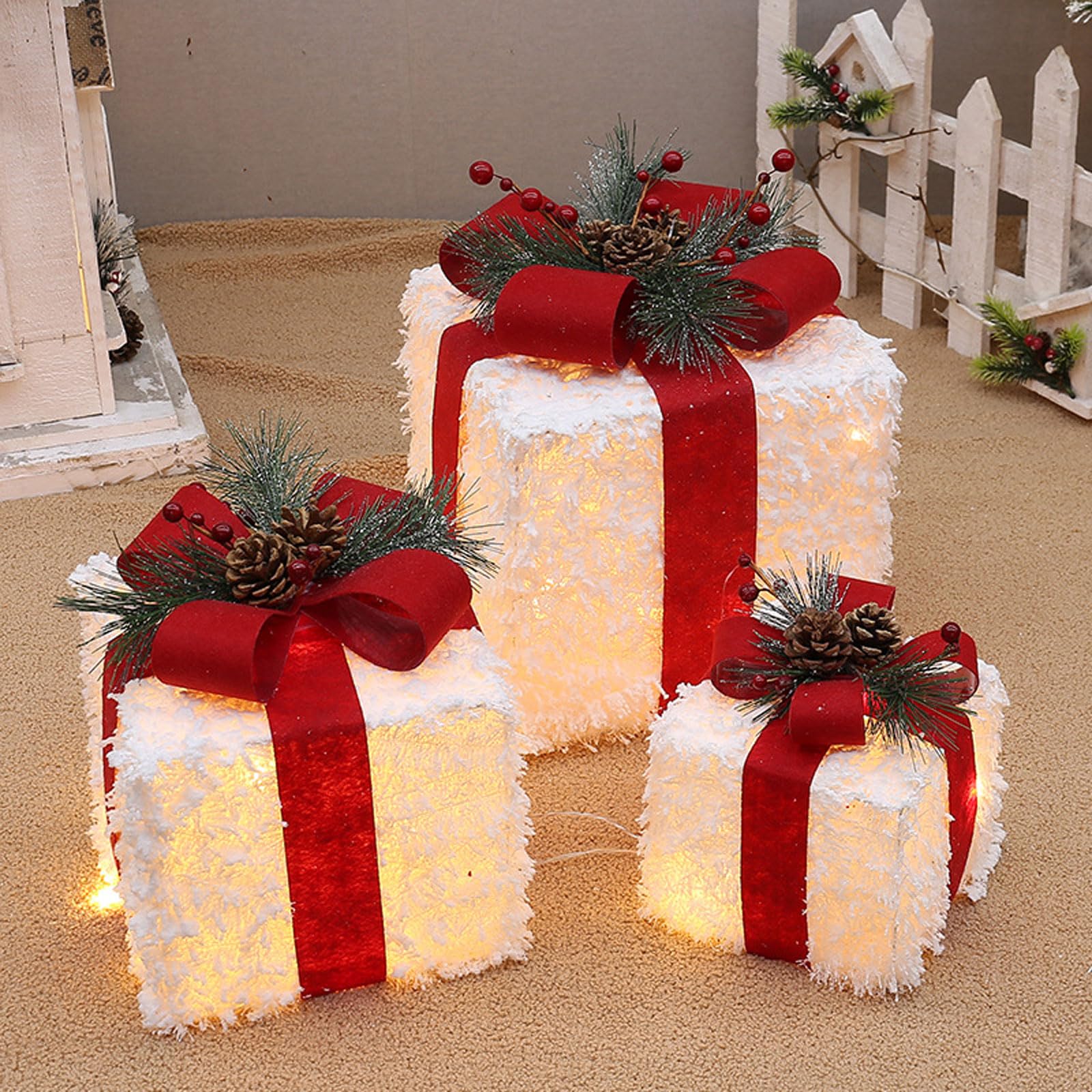 Juego de 3 Cajas de Regalo Iluminadas de Navidad,Decoración de Caja de Nochebuena,Iluminaciones de Navidad,Blanco Cálido Decorado con un lazo,agujas de pino y frutos rojos,para Hogar Jardín Fiesta