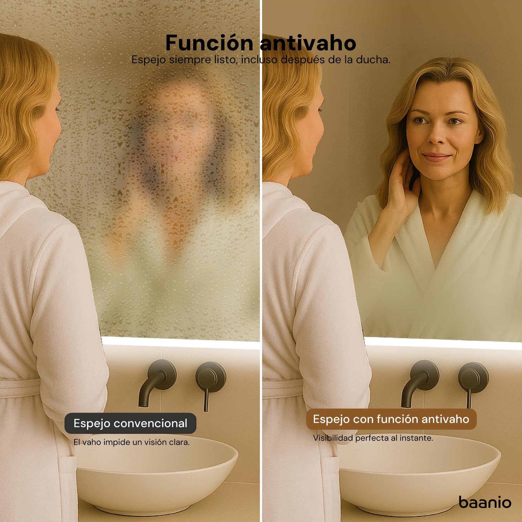 Rondo – Espejo Baño LED Ovalado 60x90 cm con Antivaho – Retroiluminado, Luz Regulable 3 Tonos, Interruptor Táctil, Montaje Vertical