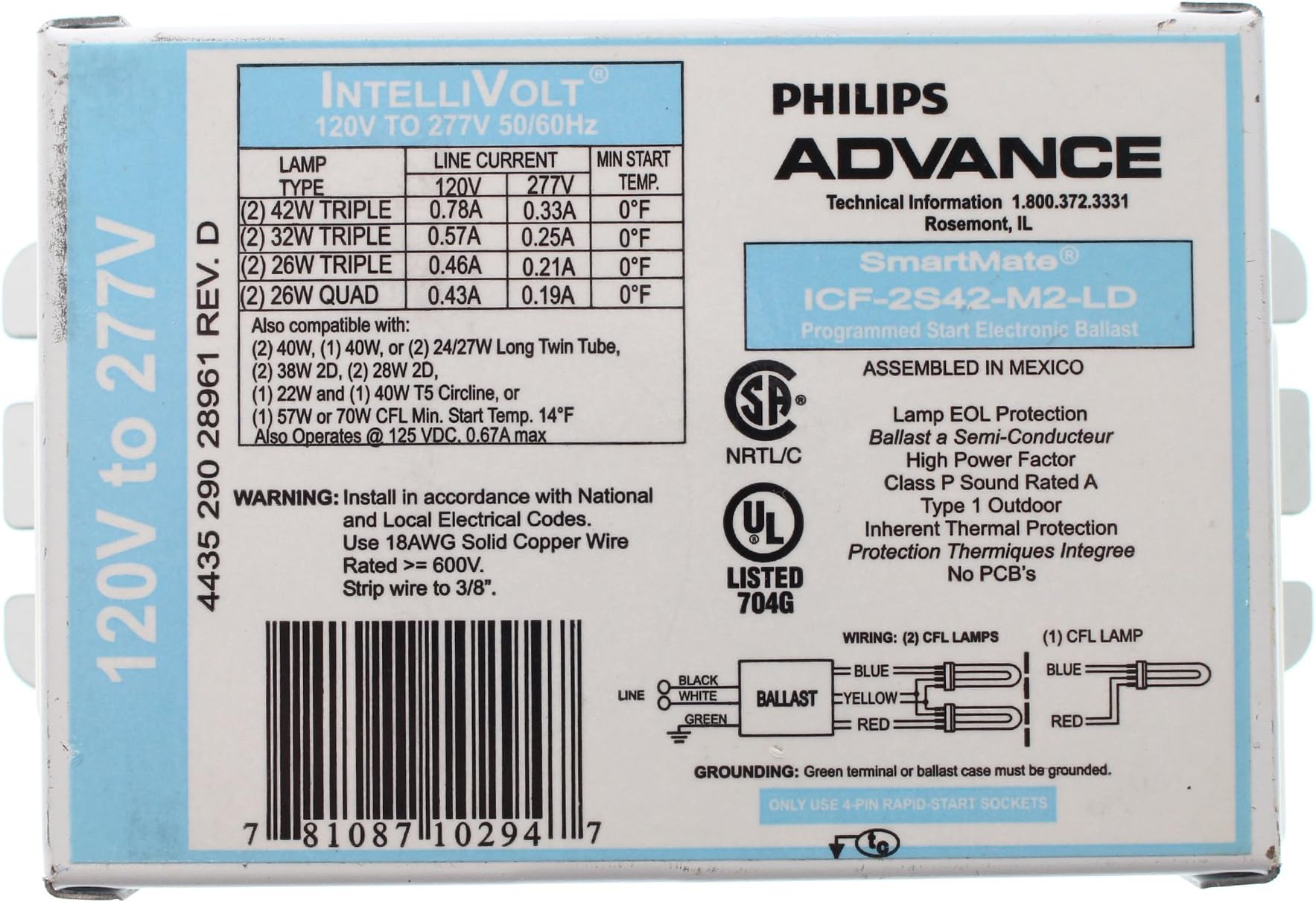 Philips Advance ICF-2S42-M2-LD SmartMate Advance IntelliVolt Ballast