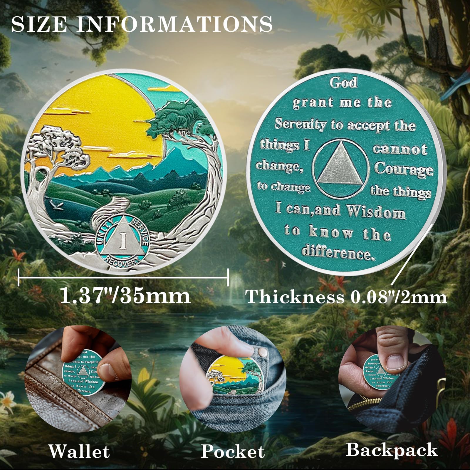 Moneda de sobriedad – 1 año de chip de sobriedad verde bosque recuperación solar Mountain Tree Road NA AA Chips y medallones sobrios token alcohólicos anónimos regalos sobrios
