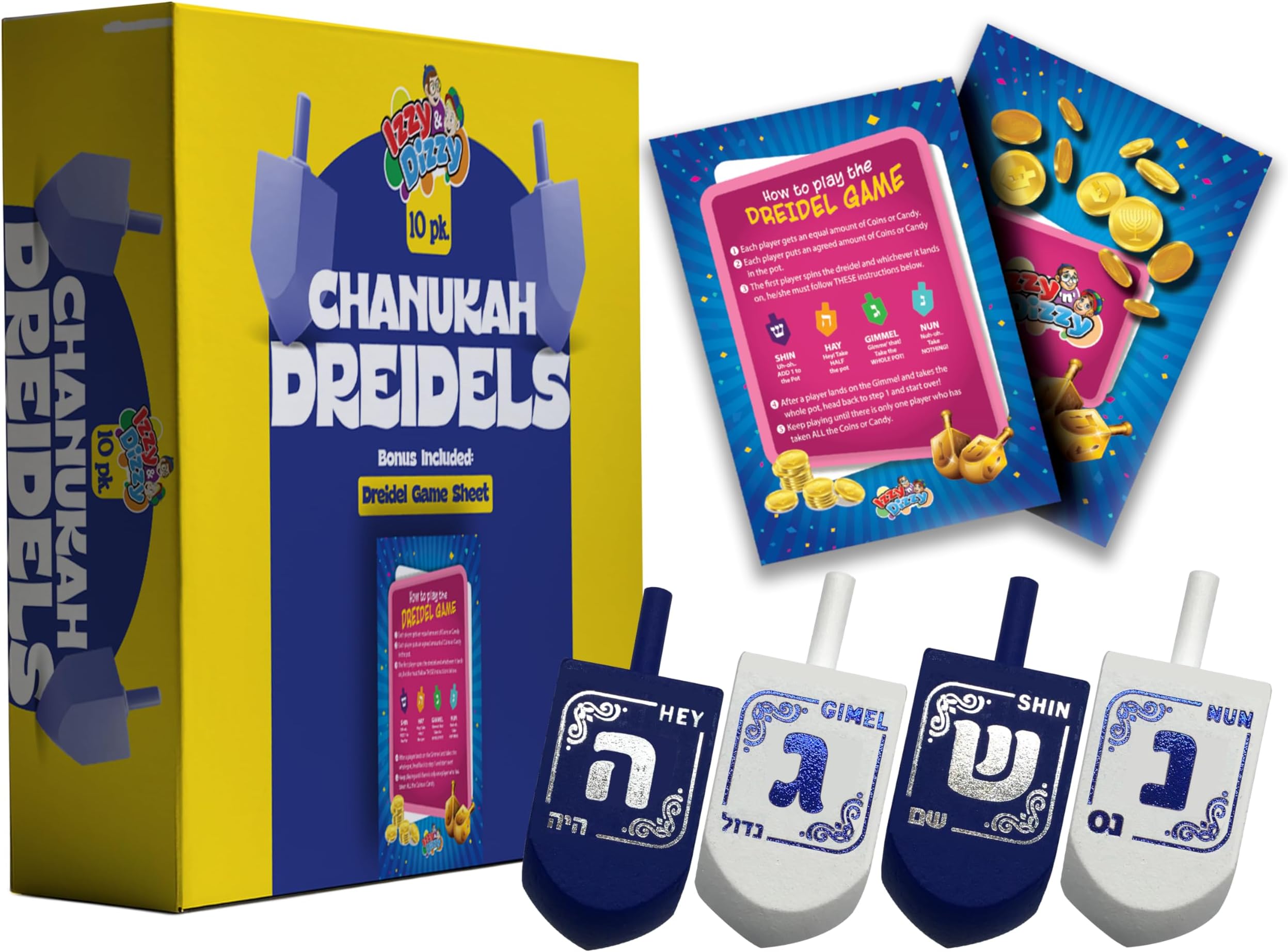 Hanukkah Dreidels - Blue and White Wooden Dreidel - 10 Pack Medium - Hand Painted - Game Instructions Included