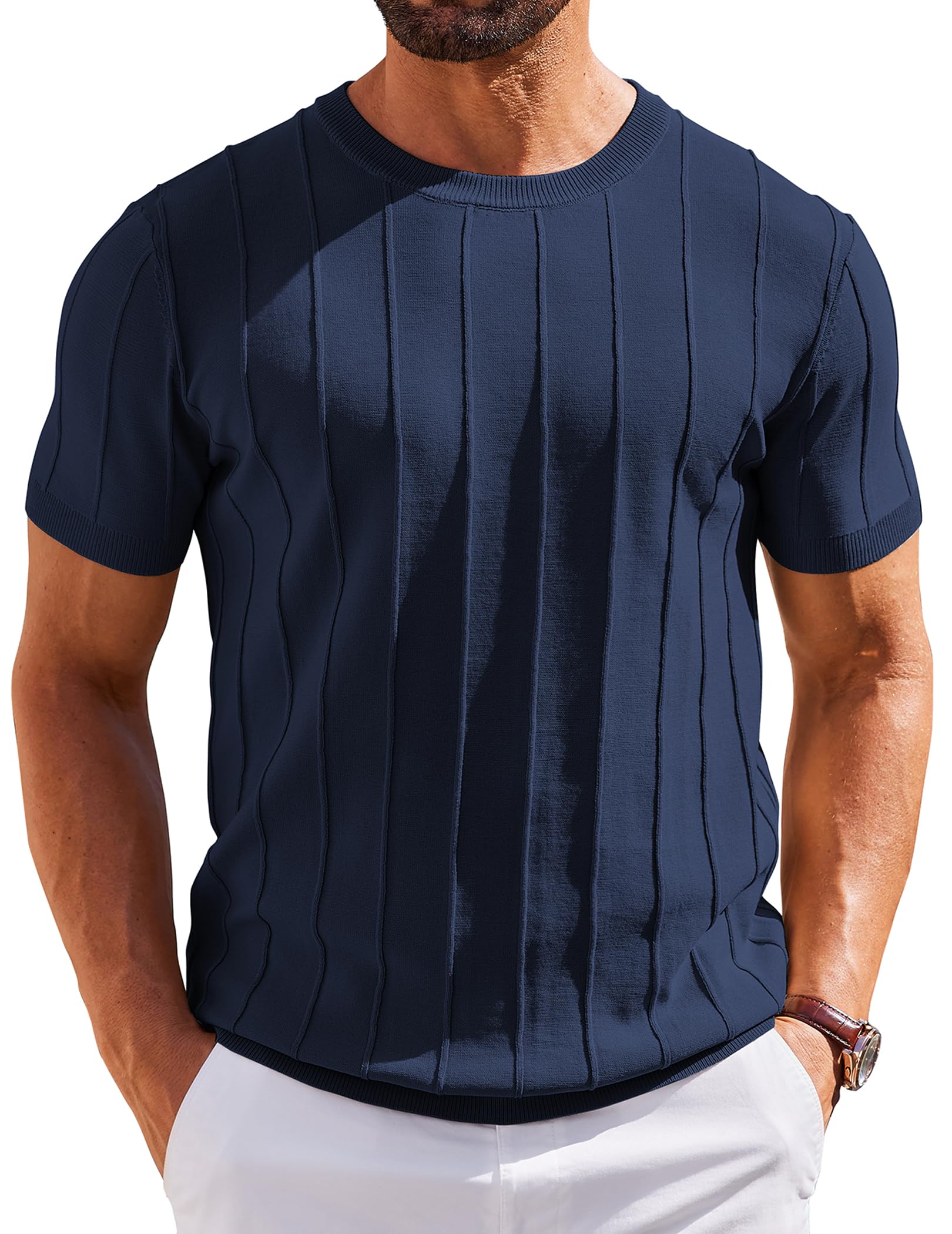COOFANDY T-Shirt Herren Kurzarm Strick Shirt mit Rundhals Shirt Casual T Shirts Gestreiftes Strickshirt Sommer Oberteile Marineblau L