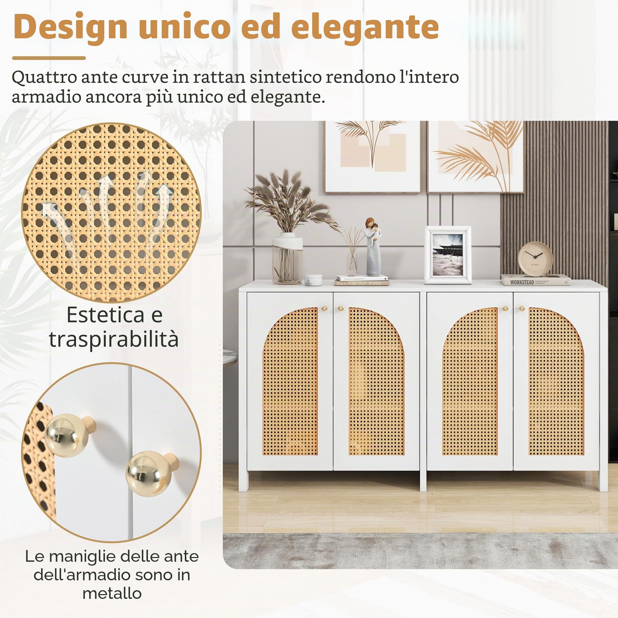 Azkoeesy Credenza con 4 ante in rattan, maniglie in metallo dorato, 145x40x80 cm, ripiani regolabili, minimalista, armadio da cucina/soggiorno, bianco