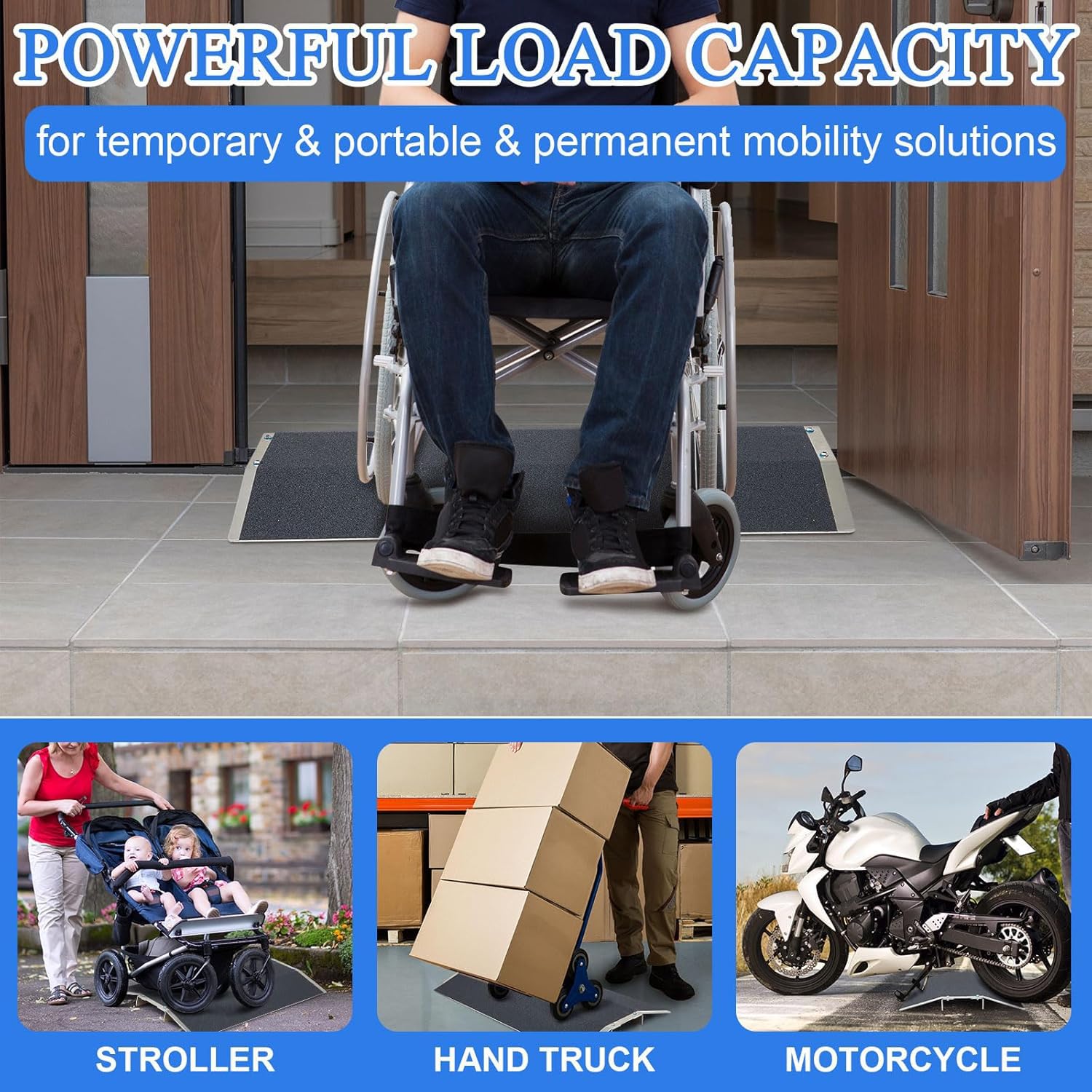 Rampe per sedie a rotelle, Rampa in alluminio con telaio di supporto e superficie antiscivolo, Capacità 300kg, per disabili, 80 x 40cm