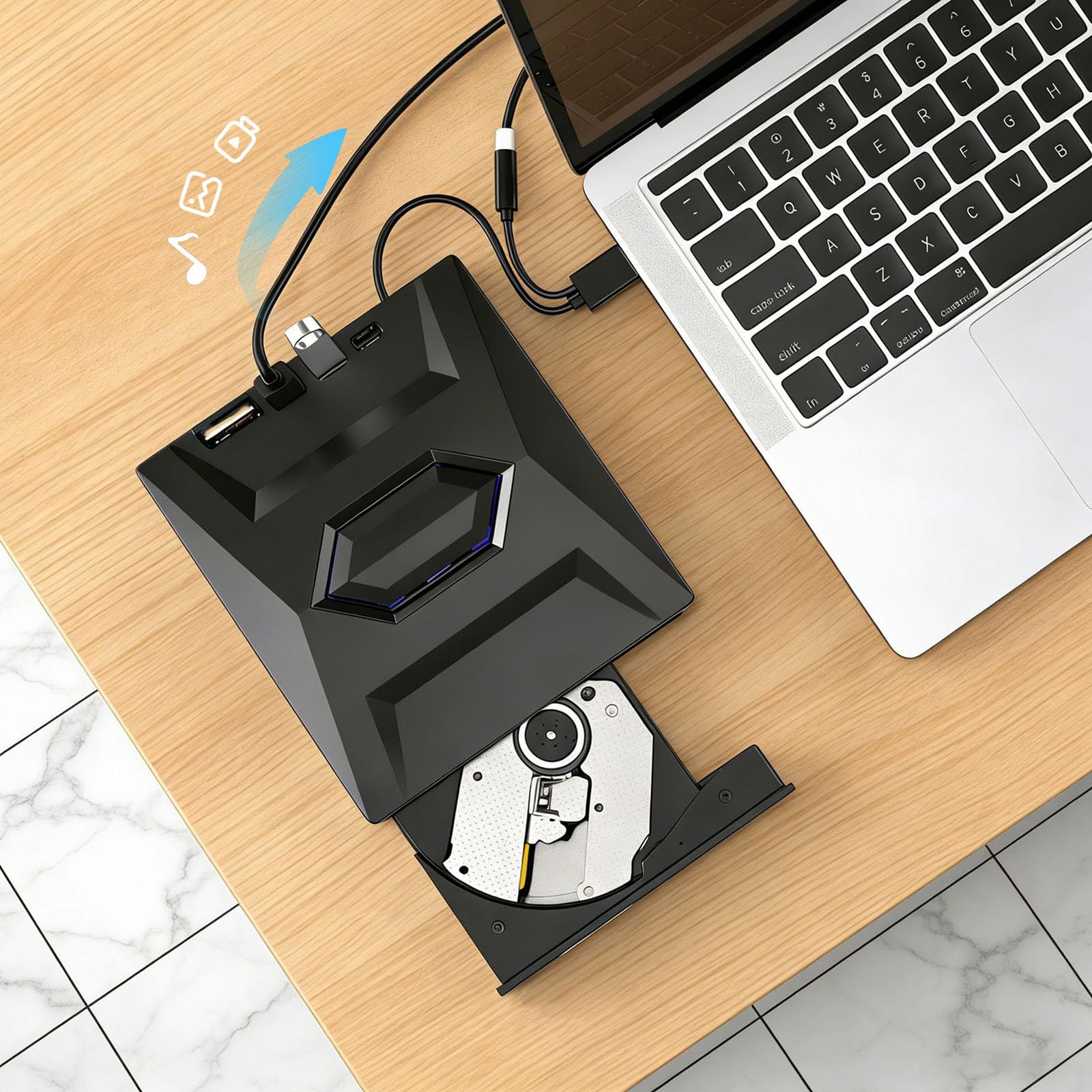 7-in-1 Externes USB-DVD-Laufwerk und Blu-ray-Player, USB C 3.0 Typ-C tragbarer BD/DVD/CD-Brenner, Lesegerät mit 3 USB-Anschlüssen, Hub und SD/TF-Kartenleser, 6 x optisches Blu-ray-Laufwerk (Schwarz, 1