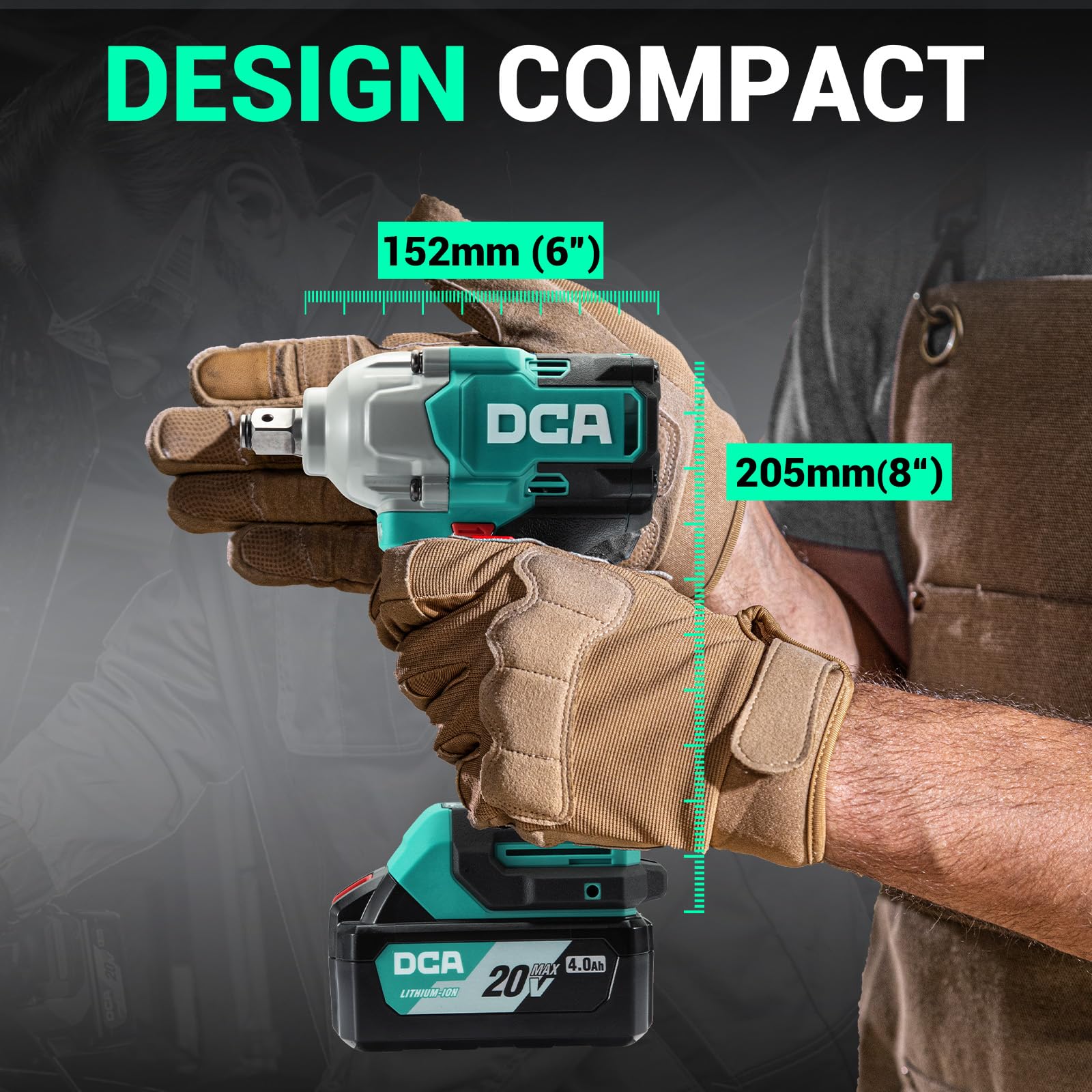 DCA Clé à chocs sans fil 20V Brushless, 682 Nm de couple max, enclume à anneau 13 mm, 2* batterie Li-ion 4000 mAh, 4 modes, lampe LED, design compact, fonction Smart Loosen ADPB520