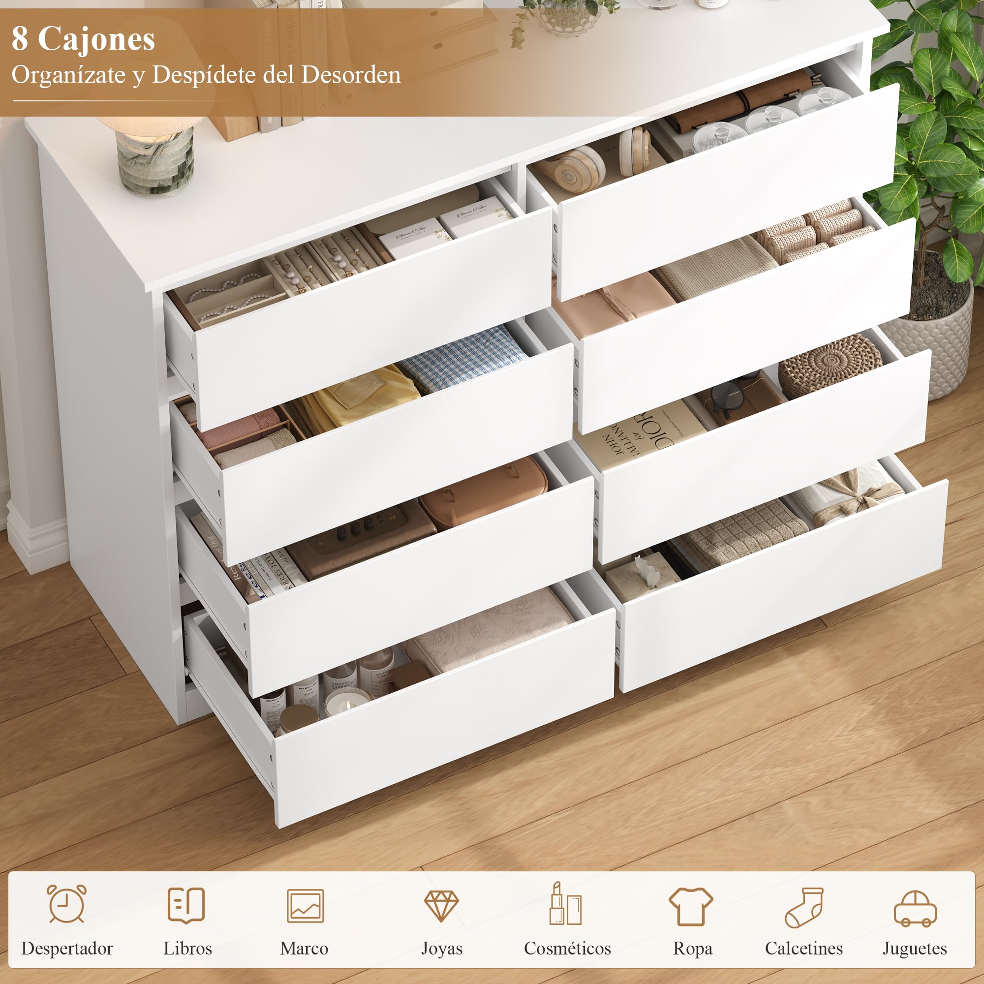 FOREHILL Comoda Dormitorio 8 Cajones 120 cm Cajonera Armario Interior Sinfonier Cómodas y Cajoneras Dormitorio Armario de Almacenamiento para el Salón Cómoda Moderna Blanco 120x39,5x96 cm