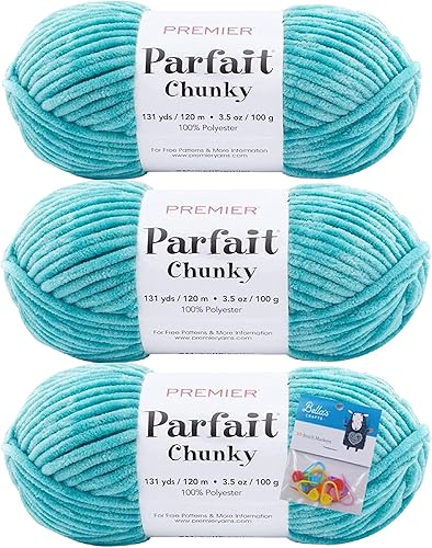 Premier Yarns Parfait Chunky - 3.5 oz - Peso súper voluminoso #6 - Paquete de 3 paquetes con marcadores de puntada Bella's Crafts (Laguna)