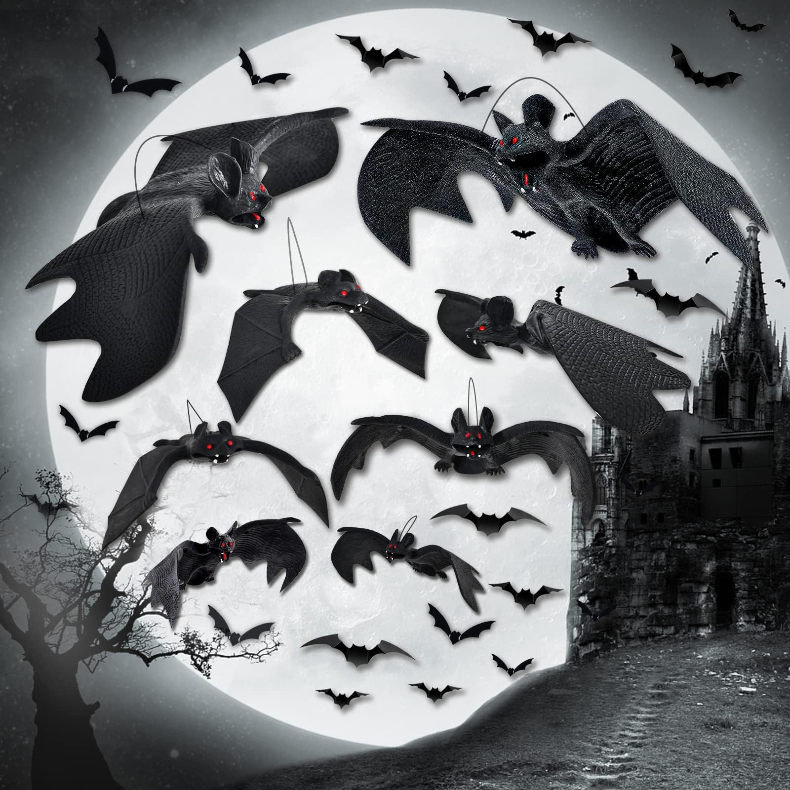 Halloween Bats Decorations Indoor Outdoor - Spooky Scary Props Halloween Door Tree Garden House Decorations Set 8Pcs Rubber Hanging Bats Halloween Decor &12Pcs 3D Plastic Fake Bat Window Wall Stickers