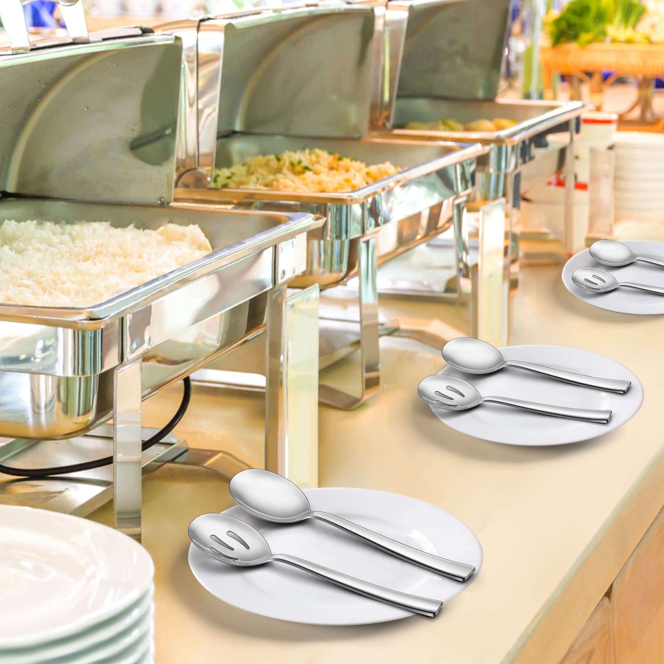LIANYU 2 cucharas para servir, 2 cucharas ranuradas, 2 tenedores para servir, 8.6 pulgadas de acero inoxidable cucharas de servir tenedores para buffet catering banquete, apto para lavavajillas