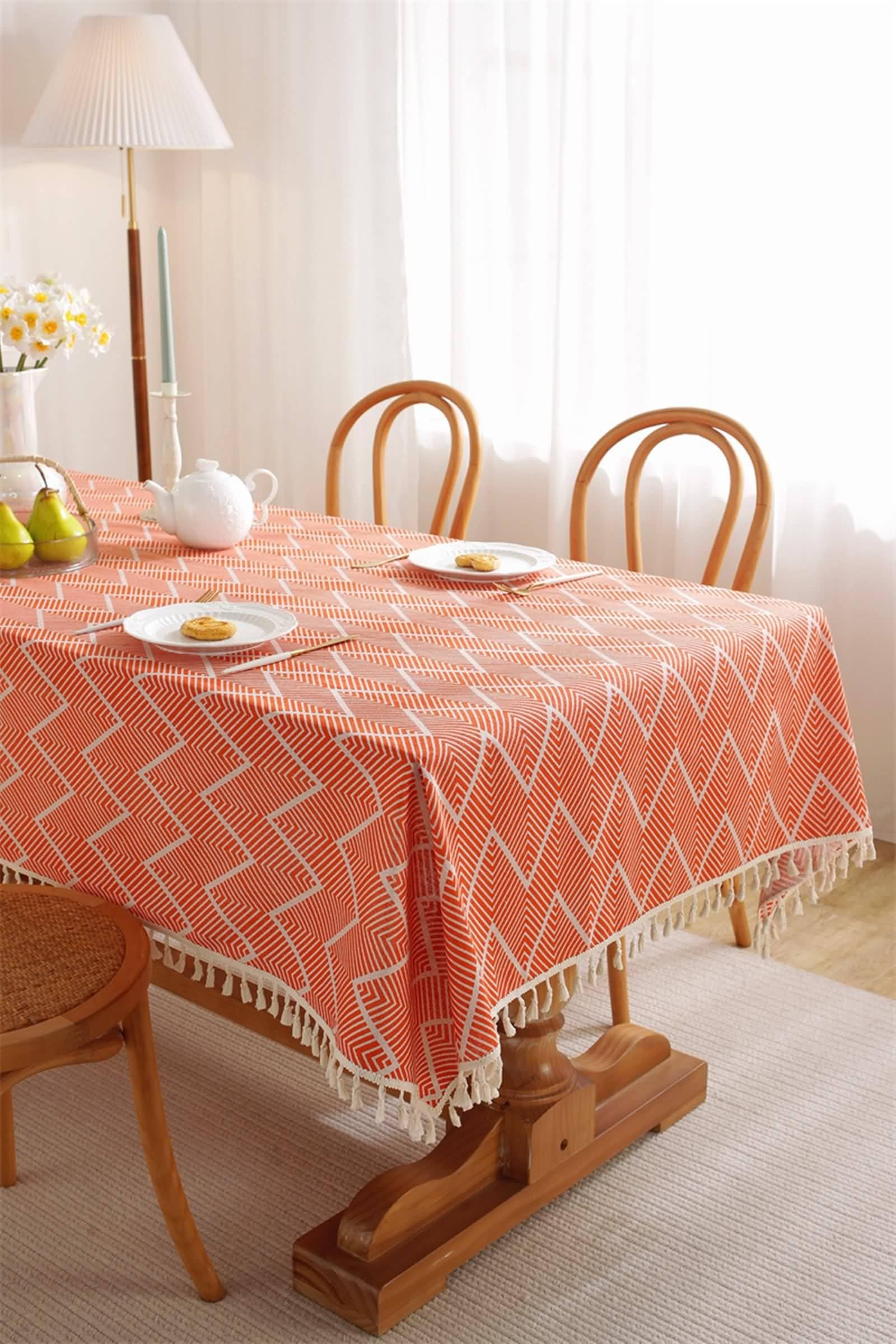 Tovaglie Antimacchia Rettangolari, Tovaglie 140 x 300 cm Motivo a strisce geometriche con nappa in Cotone Tovaglia per La Decorazione della Casa CucinaAranciaStile 2