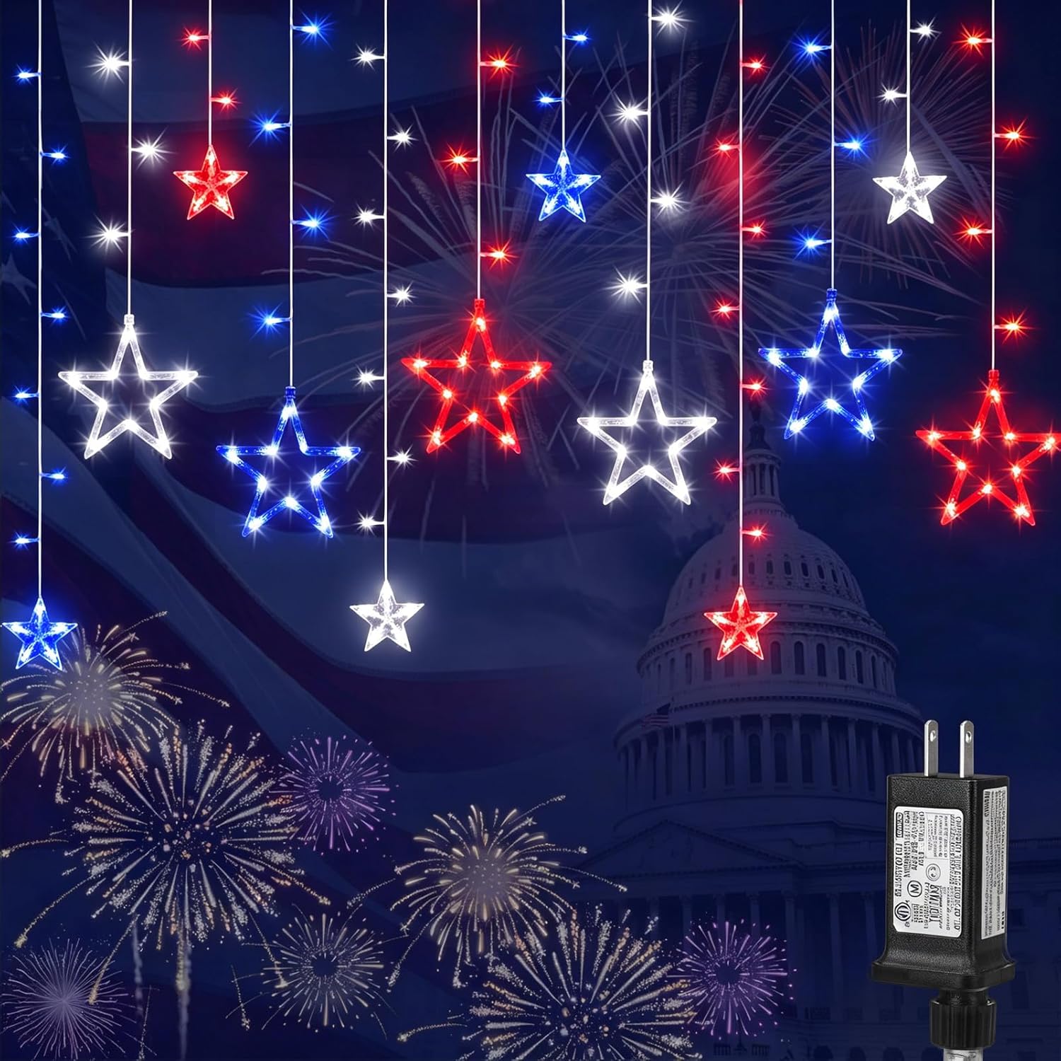 Red White Blue Curtain Lights 4th of July Patriotic Star Icicle Lights, 158LED Hanging String Light Waterproof 8 Modes Connectable for Independence Day Bedroom Wall Window Outdoor Indoor Decor